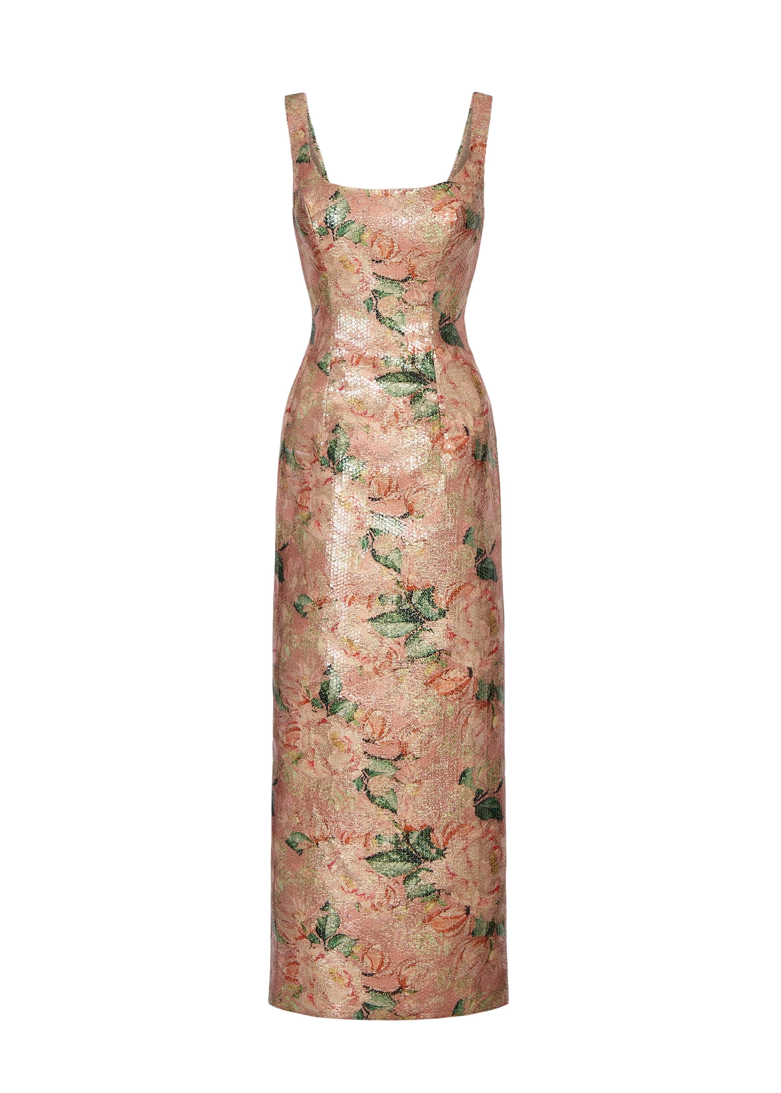 Anne Barge evening gown Alba, a scoop neck straight dress of Bloom Printed Sequins.