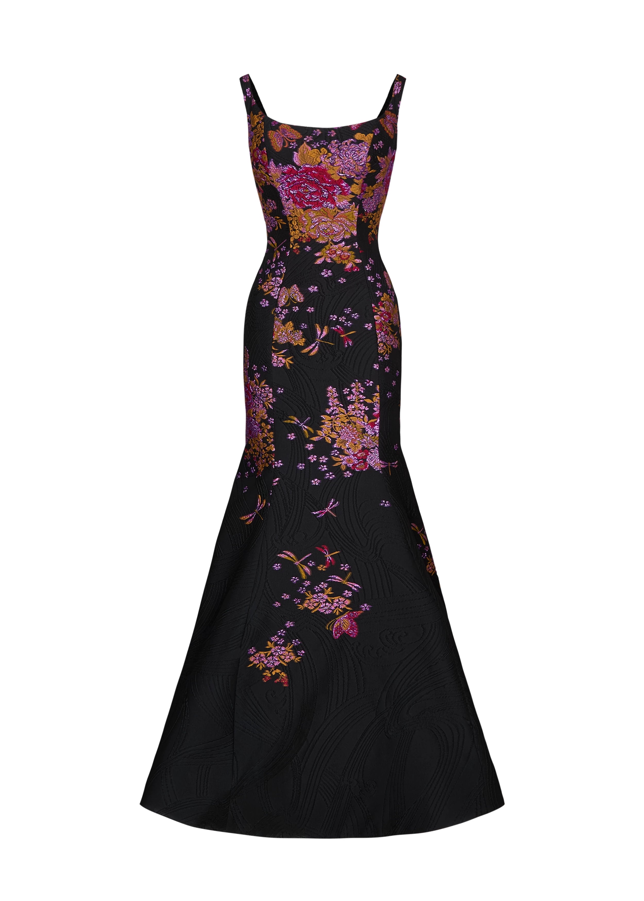 Anne Barge evening gown Amara, a portrait neckline fit-and-flare gown of Butterfly Blossom Organza Jaquard.