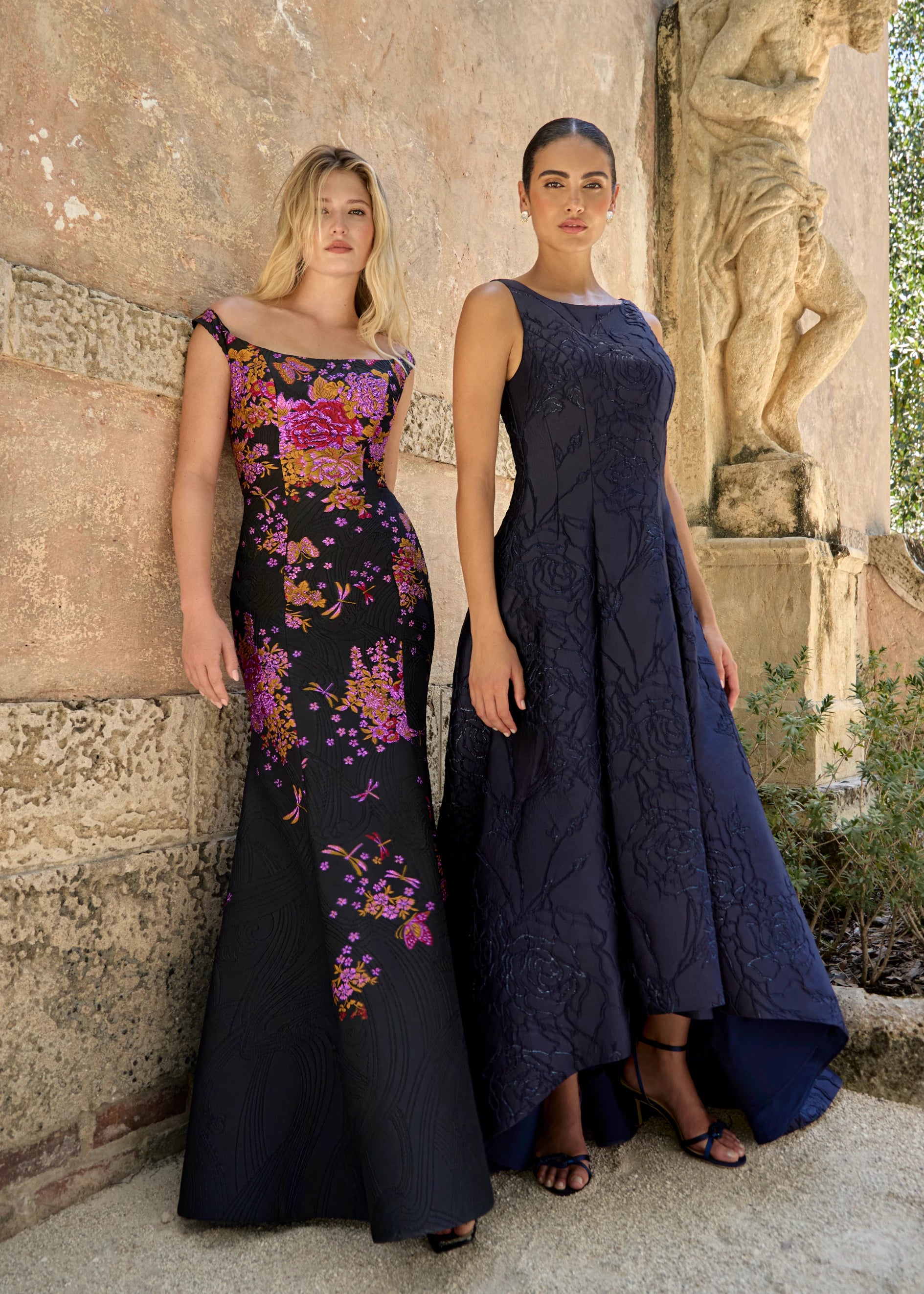 Anne Barge evening gown Marcel, a seam gown of Camellia Vine Jacquard with inverted box pleats and pockets.