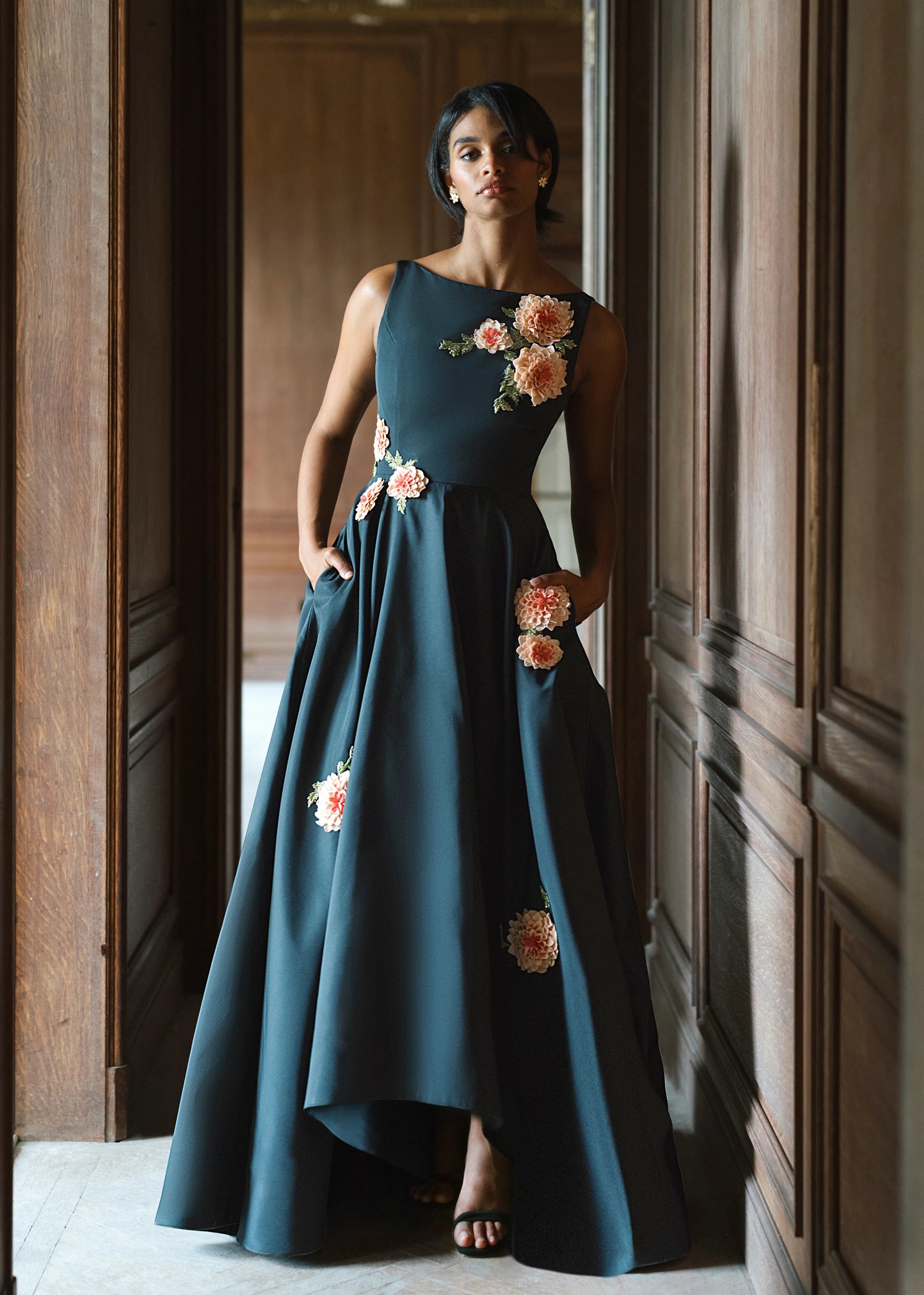green emerald velvet dress Mikado Embellished Bateau Neck A Line Dress with Pockets Missy / 10 / Black