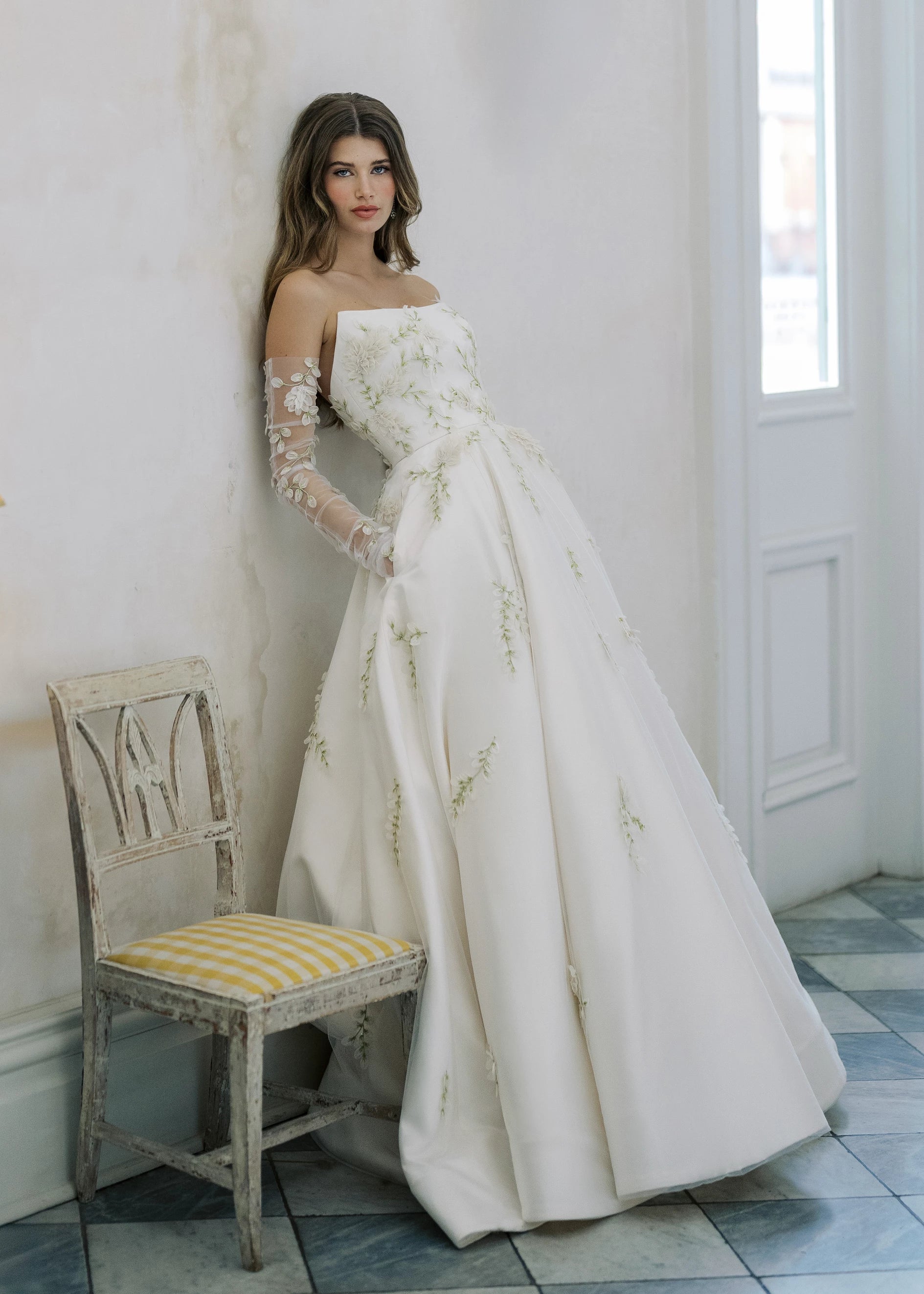 The Dauphine Gloves by Anne Barge are gathered Illusion tulle fingerless gloves with garden inspired Organza hand-embroidery.