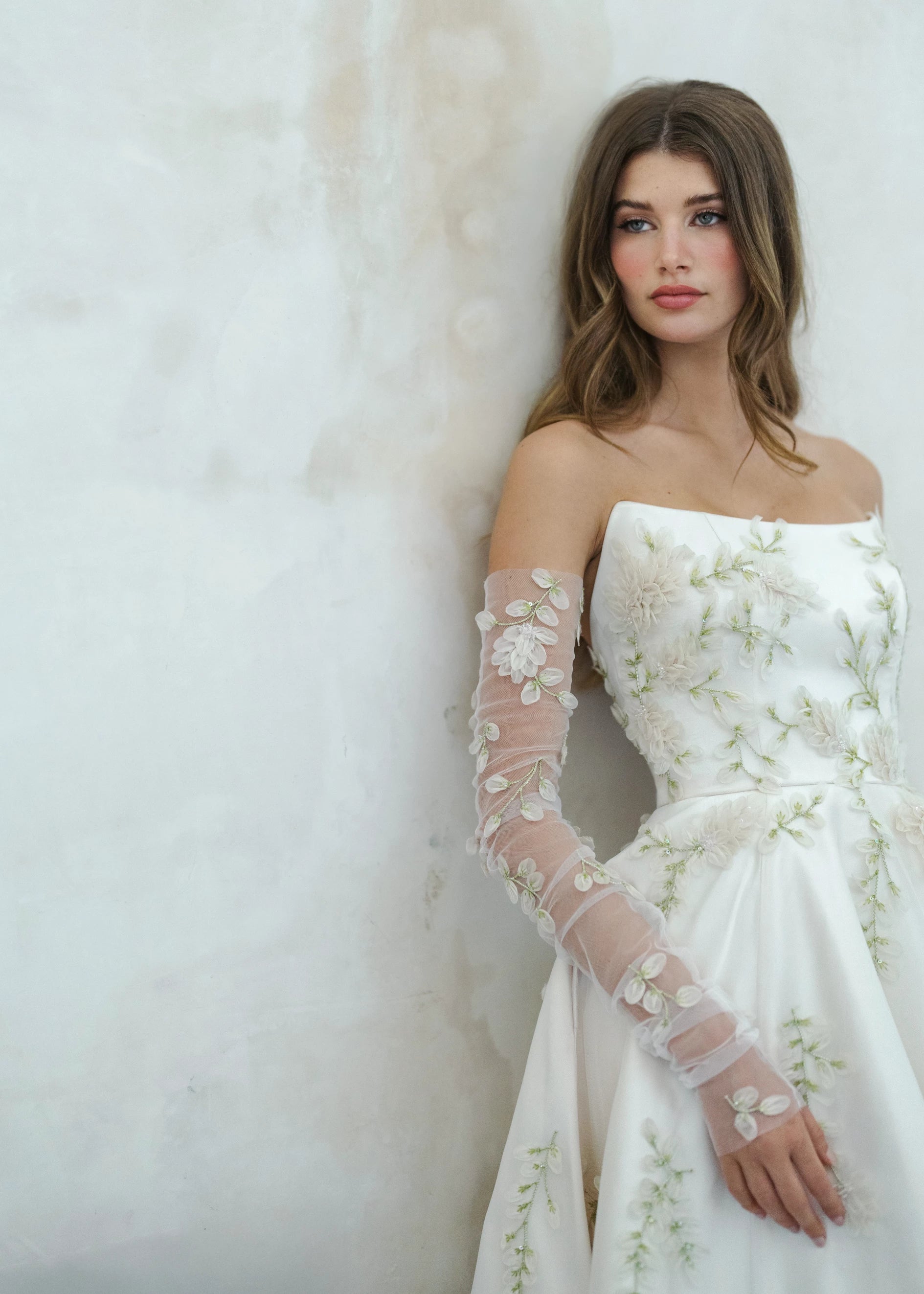 The Dauphine Gloves by Anne Barge are gathered Illusion tulle fingerless gloves with garden inspired Organza hand-embroidery.