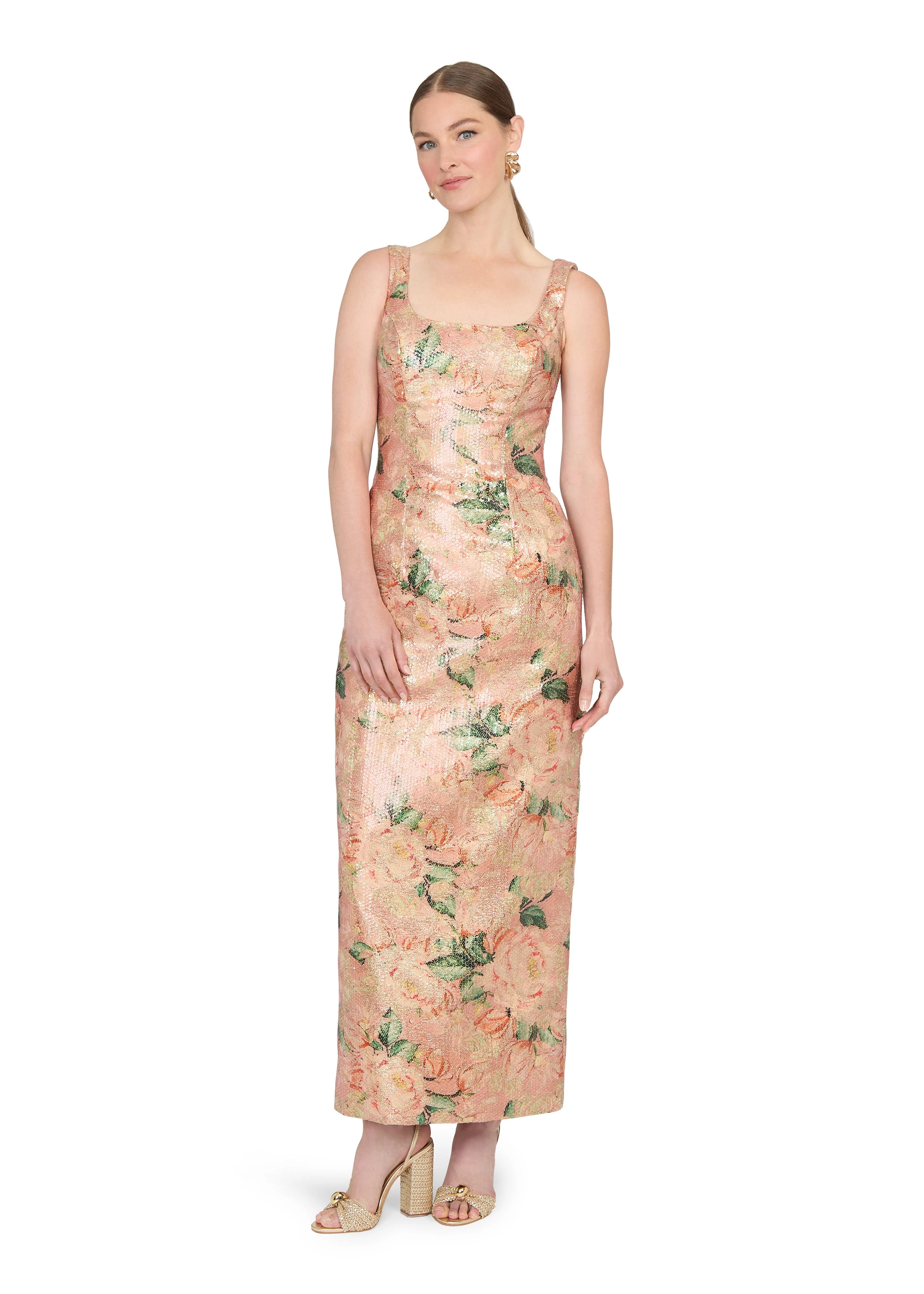 Anne Barge evening gown Alba, a scoop neck straight dress of Bloom Printed Sequins.