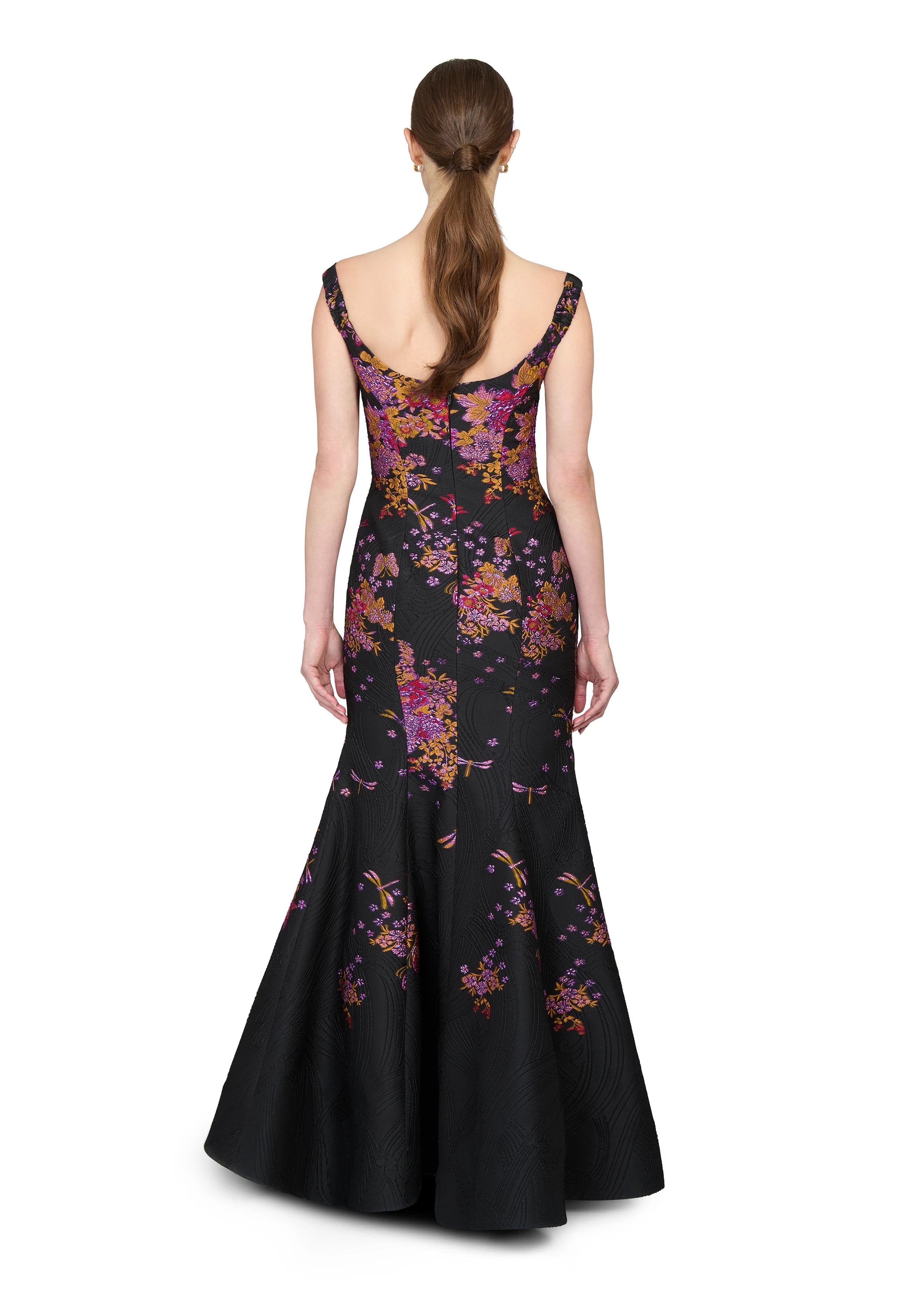 Anne Barge evening gown Amara, a portrait neckline fit-and-flare gown of Butterfly Blossom Organza Jaquard.