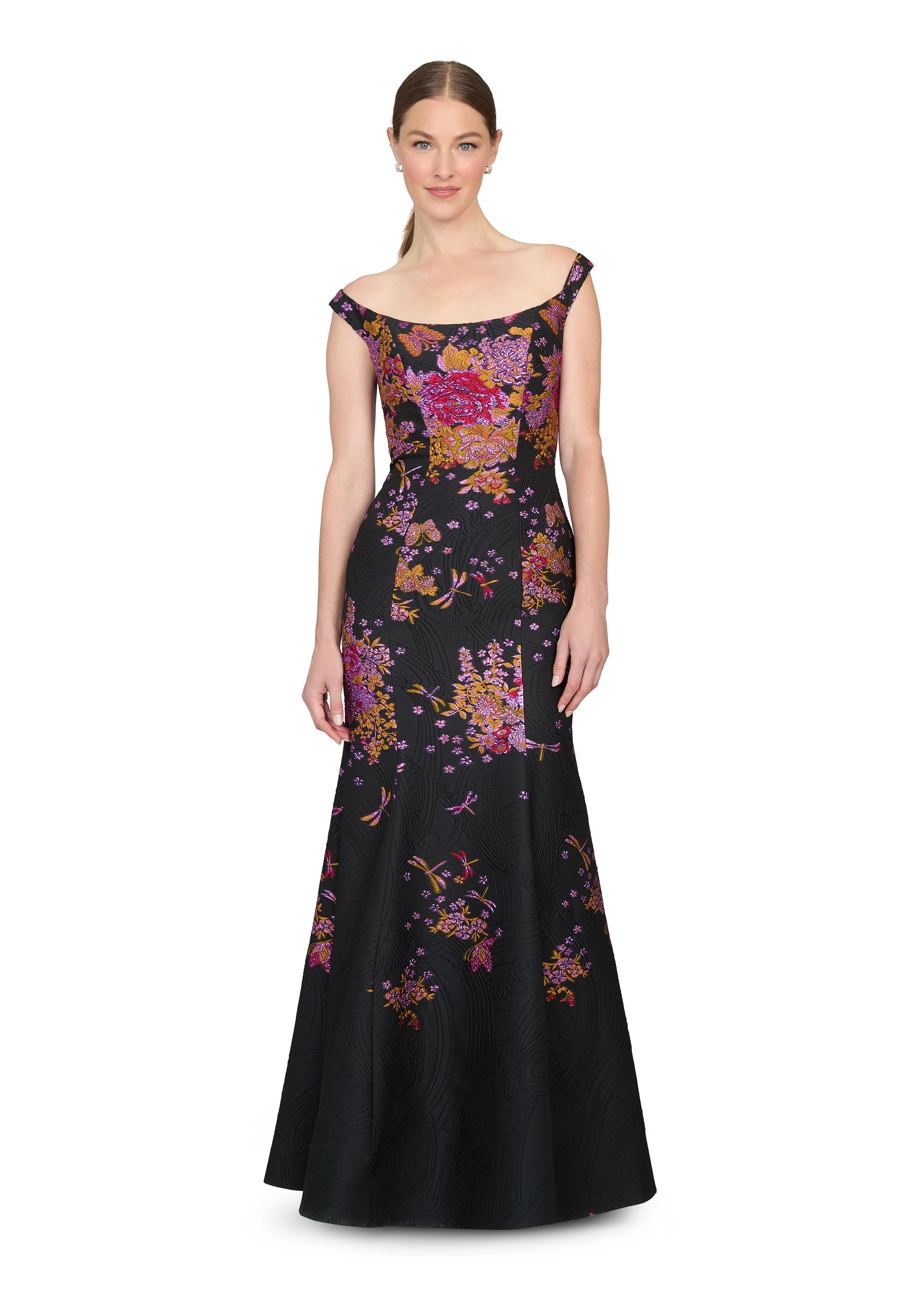 Anne Barge evening gown Amara, a portrait neckline fit-and-flare gown of Butterfly Blossom Organza Jaquard.