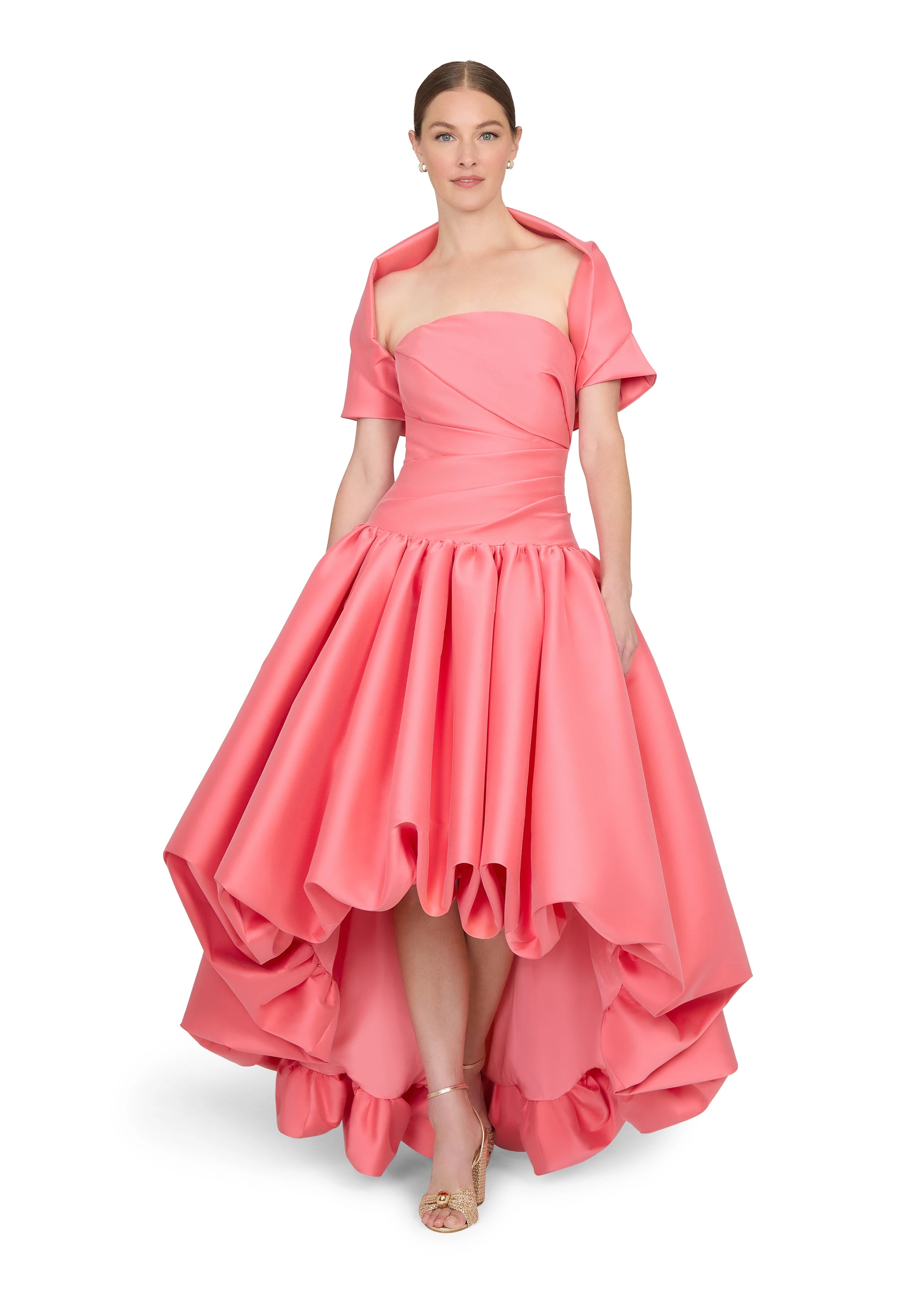 Anne Barge evening gown Consuelo, an arched strapless drop waist bodice with asymmetrical draping and high-low bubble hem gathered skirt.