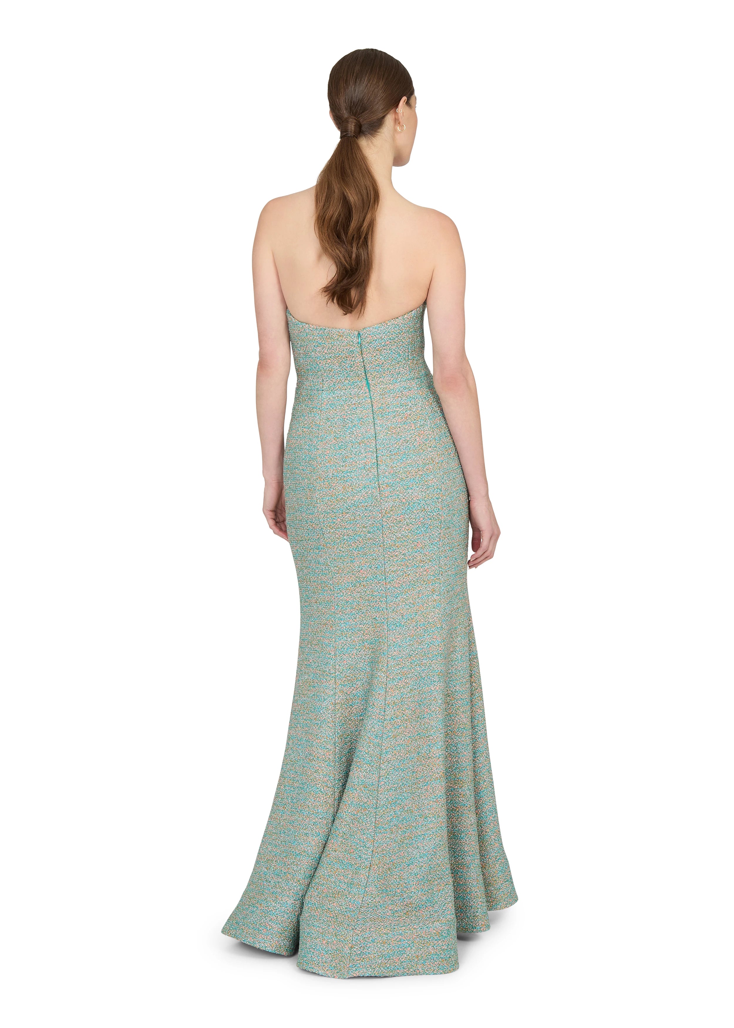 Anne Barge evening gown Emilia, a fit and flare gown of Metallic Tweed featuring an asymmetric peaked neckline cuff and belt, both with fringe along the edges.
