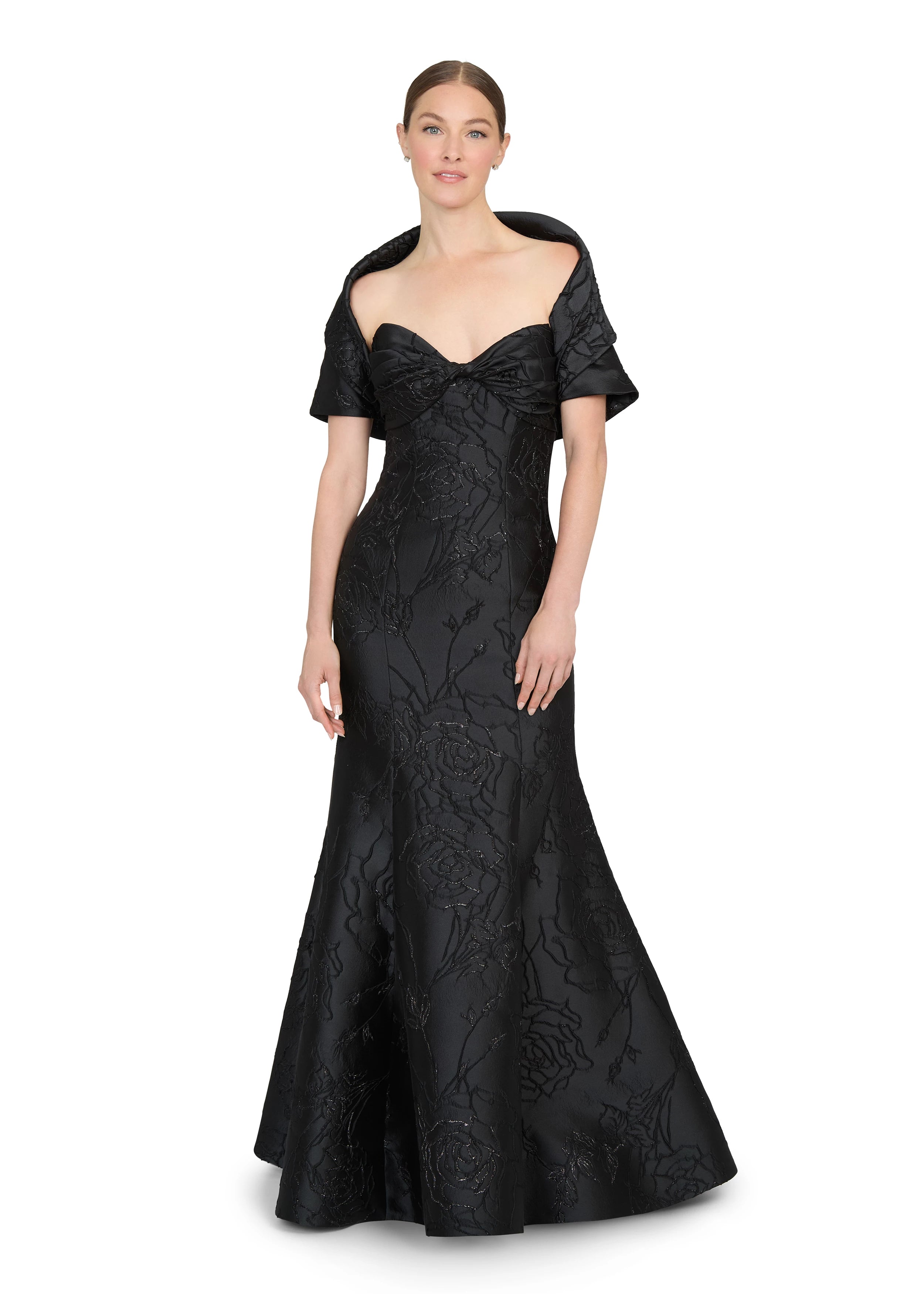 Anne Barge evening gown Esperanza, is a pointed sweetheart strapless fit and flare gown of Camellia Vine Jacquard.