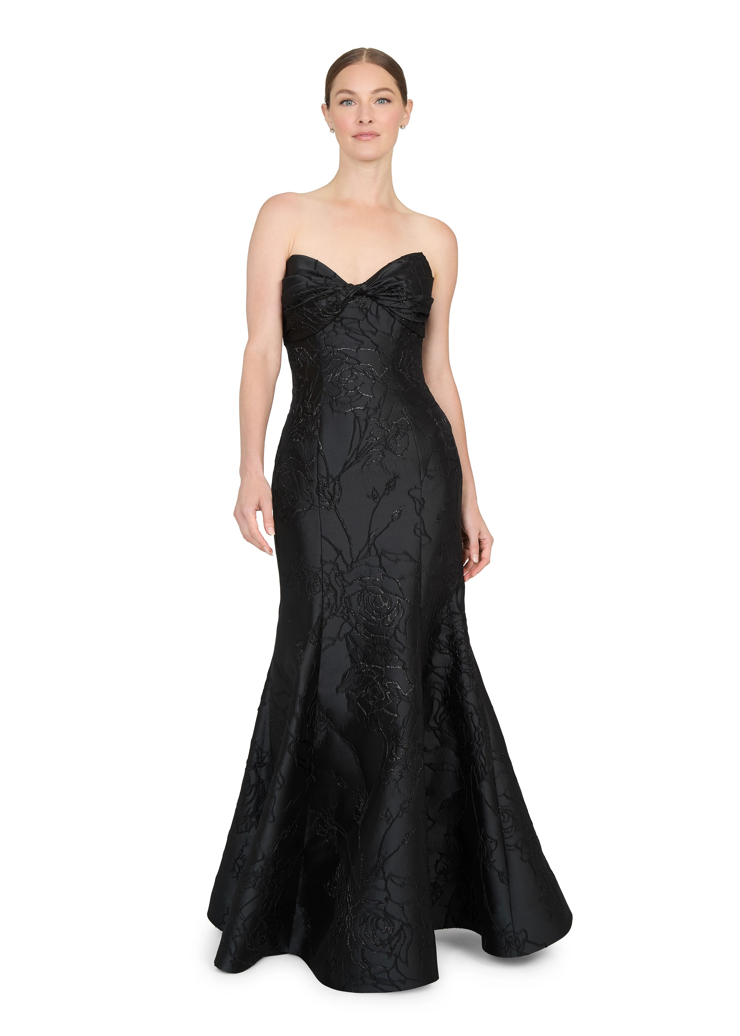 Anne Barge evening gown Esperanza, is a pointed sweetheart strapless fit and flare gown of Camellia Vine Jacquard.