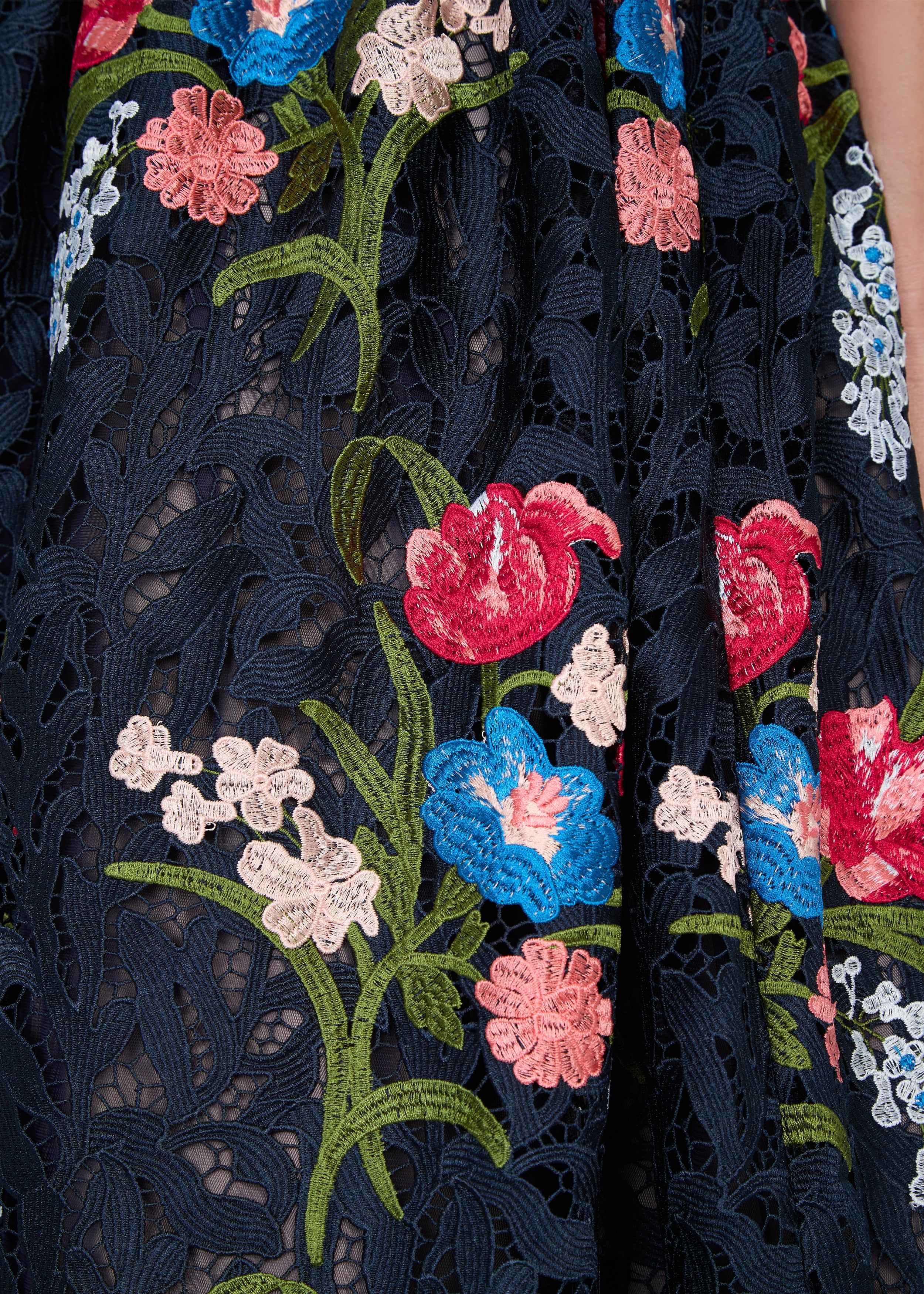 Anne Barge evening gown Gabriela, a bateau neck tea-length dress of Embroidered Guipure Lace with drop waist and full, softly gathered skirt.