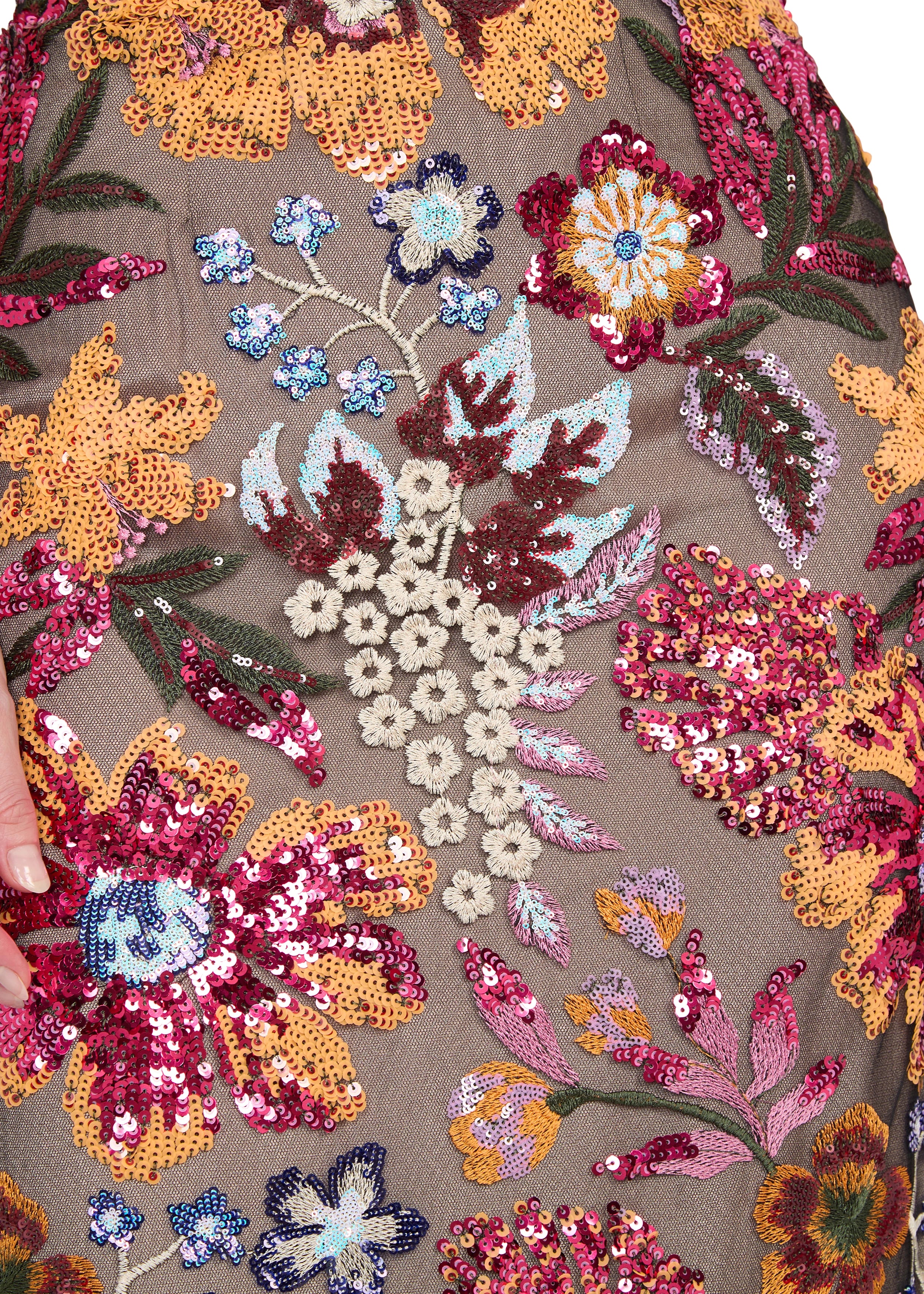 Anne Barge evening gown Isela, is a strapless column gown of Vibrant Garden Sequin Embroidery.