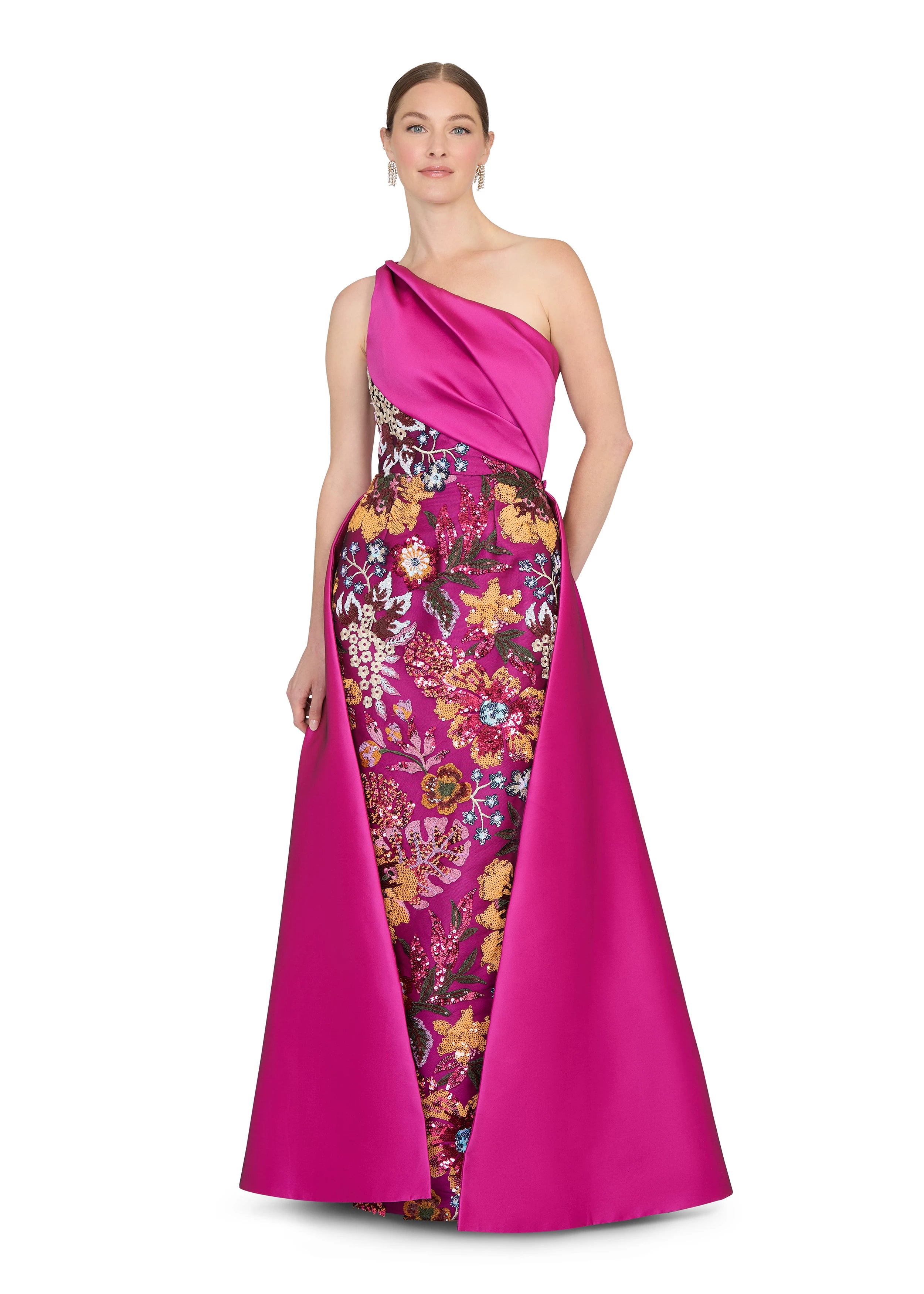 Anne Barge evening gown Josefina, is a gown of vibrant Garden Sequin Embroidery, featuring a draped one shoulder bodice in Stretch Twill.