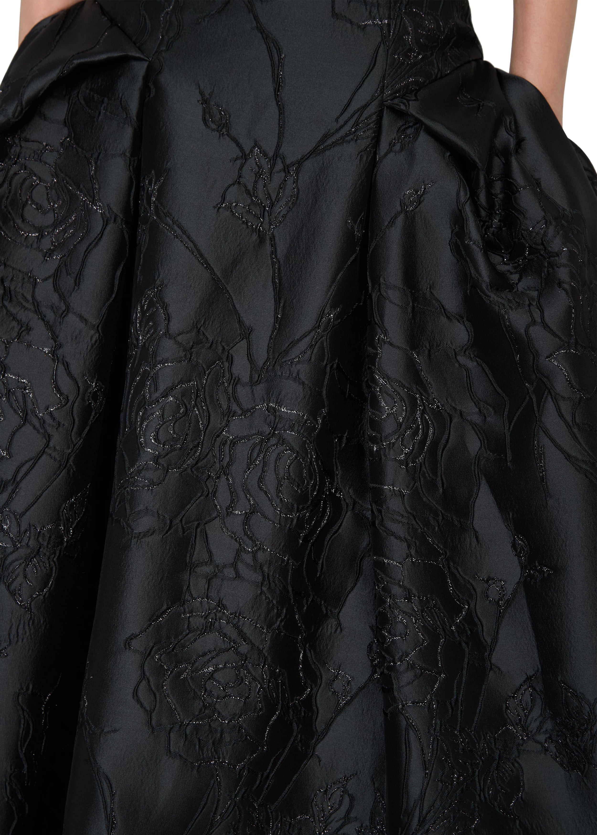 Anne Barge evening gown Letizia, is an arched strapless drop waist ballgown of Camellia Vine Jacquard with neckline draping and pleated skirt.