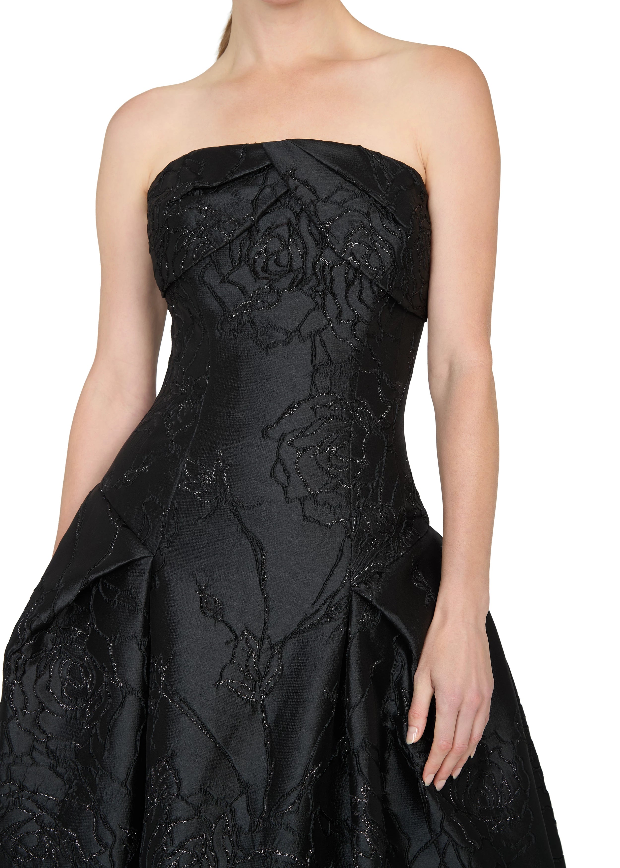 Anne Barge evening gown Letizia, is an arched strapless drop waist ballgown of Camellia Vine Jacquard with neckline draping and pleated skirt.