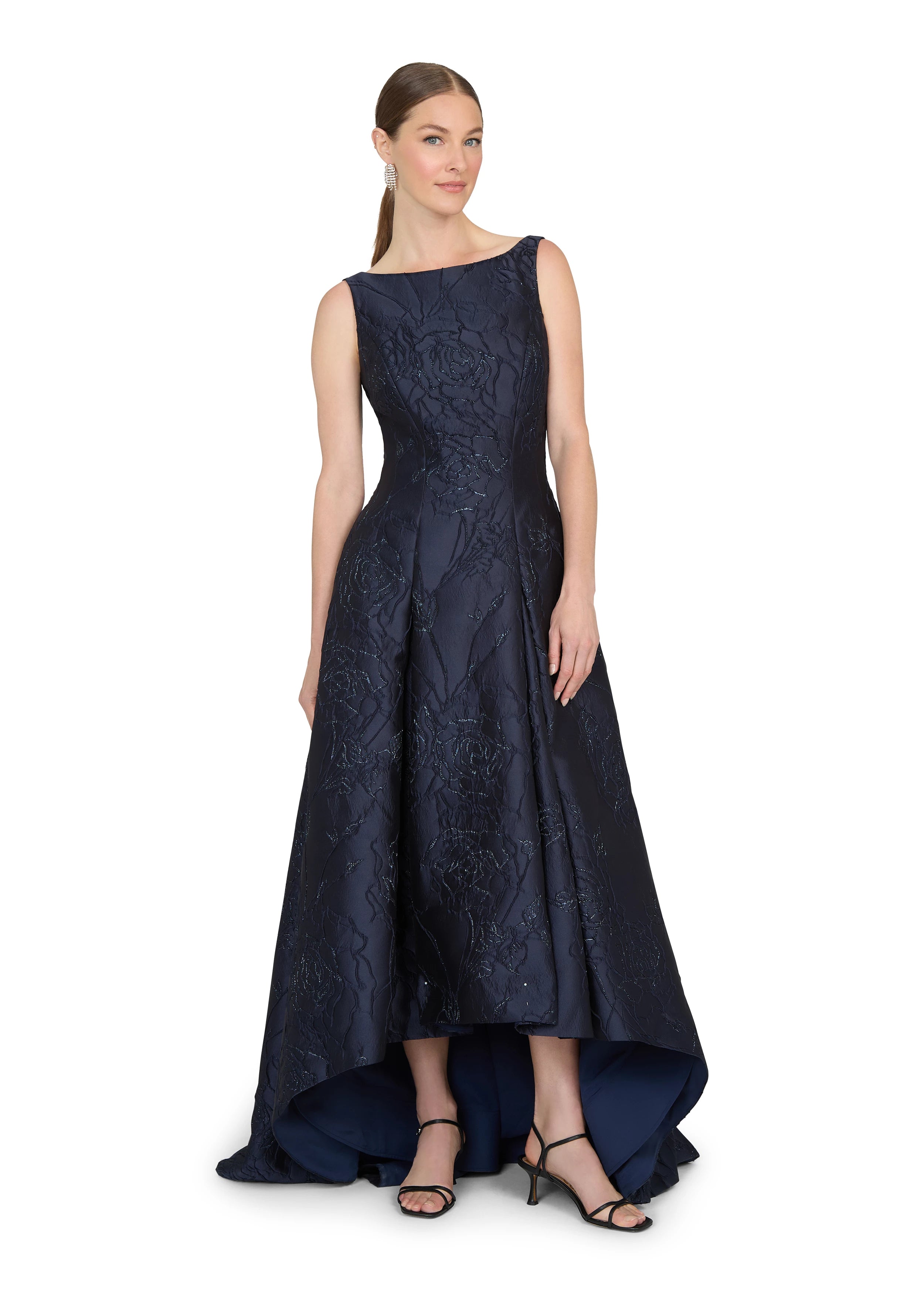 Anne Barge evening gown Marcel, a seam gown of Camellia Vine Jacquard with inverted box pleats and pockets.