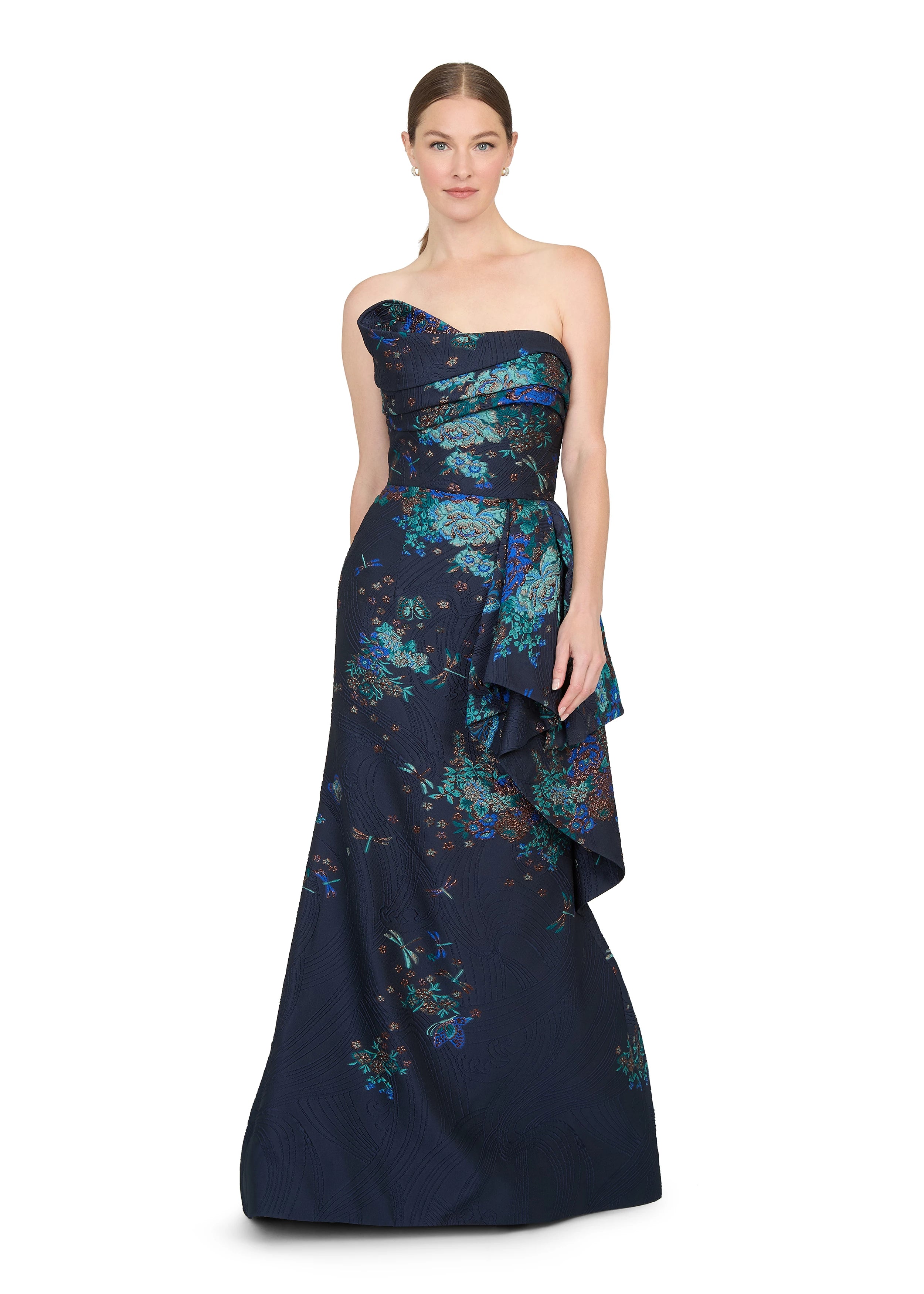 Anne Barge evening gown Mariana, an asymmetrically draped strapless flare gown of Butterfly Blossom Organza Jaquard with side sash.