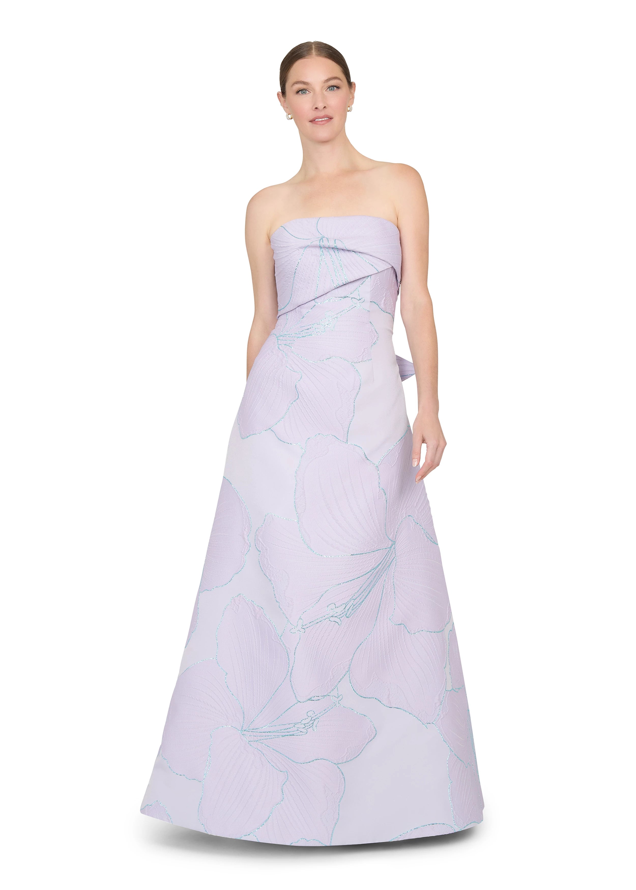 Anne Barge evening gown Pillar, a modified A-line strapless gown of Petal Canopy Jacquard with lightly pleated neckline cuff.