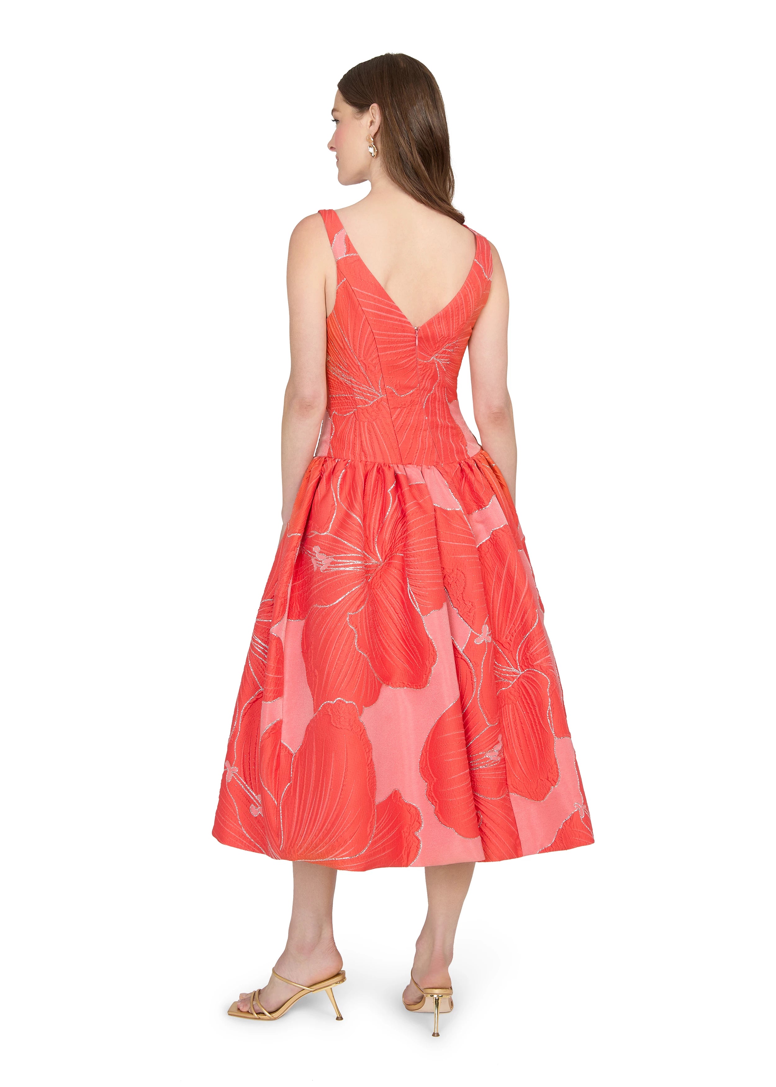Anne Barge evening gown Rocio, a bateau neck tea-length dress of Petal Canopy Jacquard with drop waist and full, softly gathered skirt.