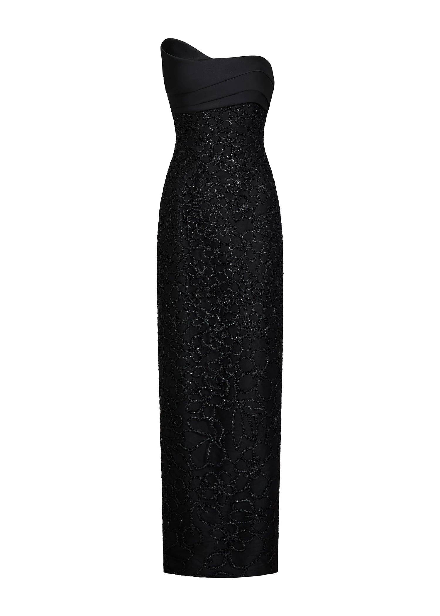 The Faubourg evening gown from Black Label by Anne Barge is a straight column gown of Metallic Corded Embroidery with Mikado underlay and asymmetrically draped bodice cuff of Mikado.