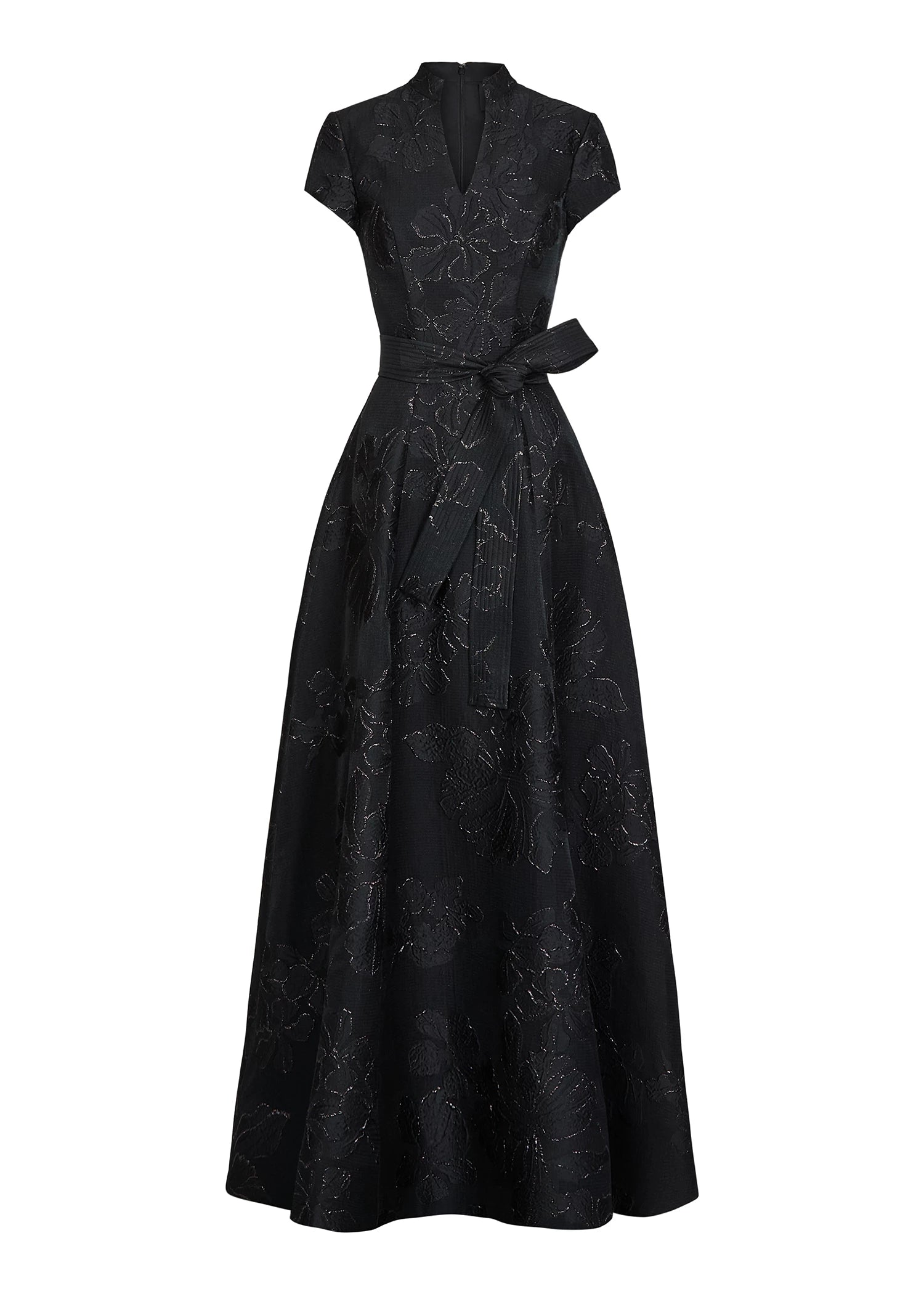 The Honfleur Dogwood evening gown from Black Label by Anne Barge is a cap sleeve V-notch A-line gown of Dogwood Jacquard.