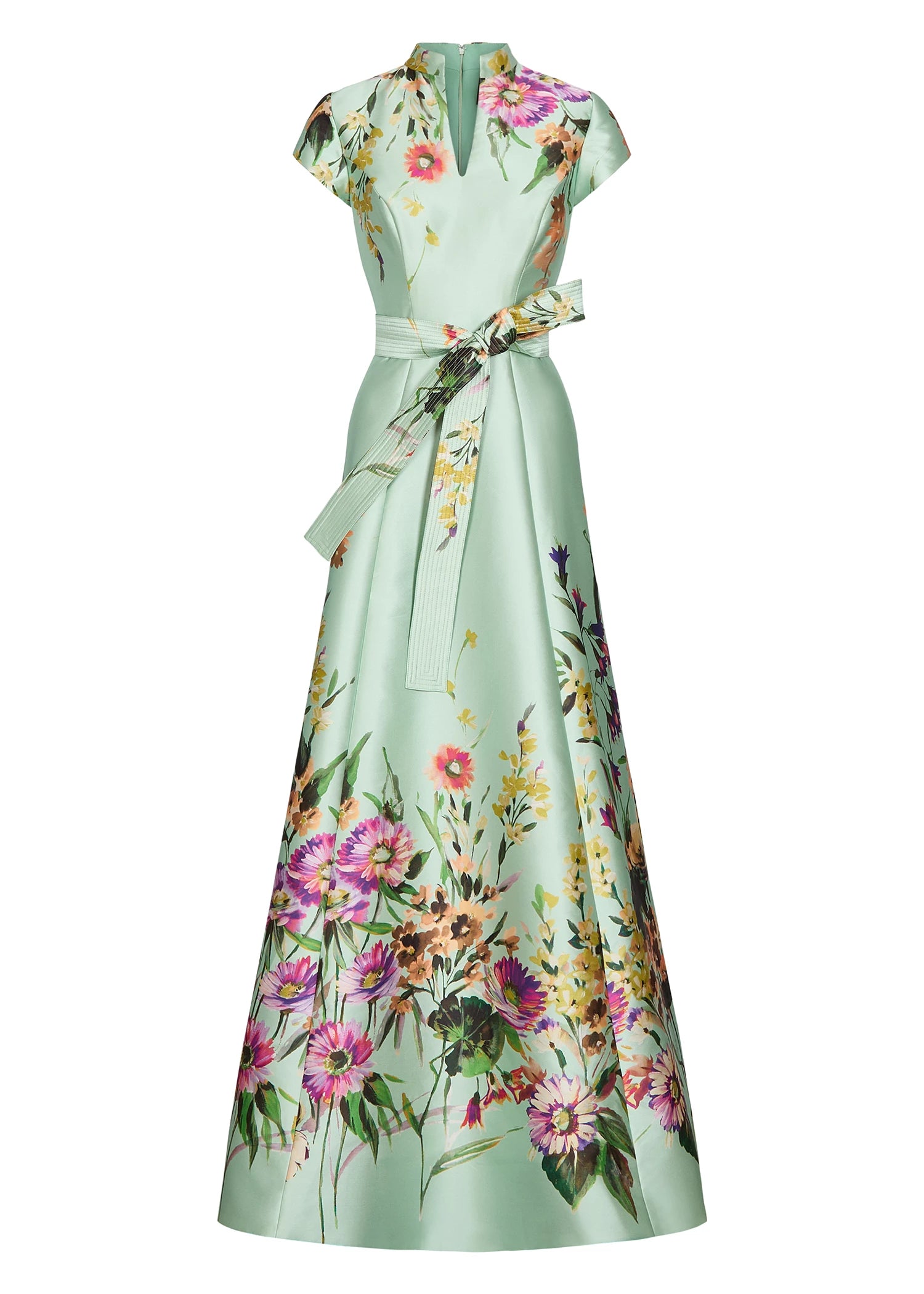 The Honfleur Watercolor evening gown from Black Label by Anne Barge is a cap sleeve V-notch A-line gown of Watercolor Meadow Printed Mikado in Pistachio.