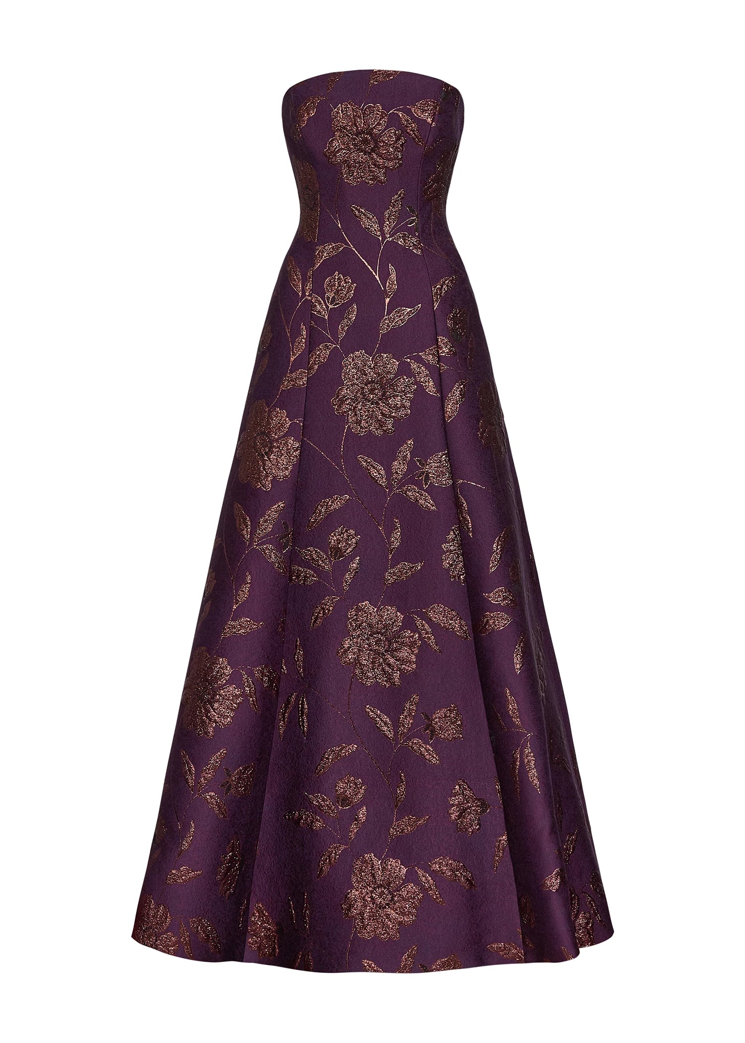 The L'Opera evening gown from Black Label by Anne Barge is an arched strapless modified A-line gown of Metallic Floral Brocade.