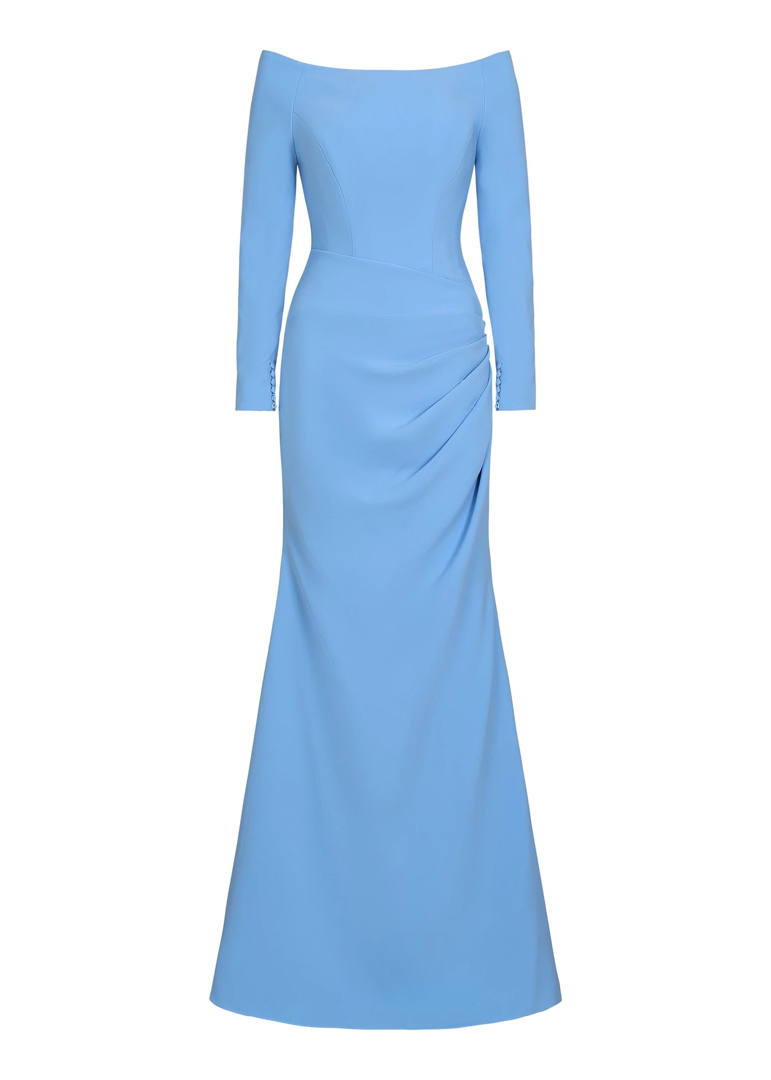 The Regis evening gown from Black Label by Anne Barge is a portrait neckline fit-and-flare Crepe gown with 3/4 sleeves and figure flattering skirt draping.