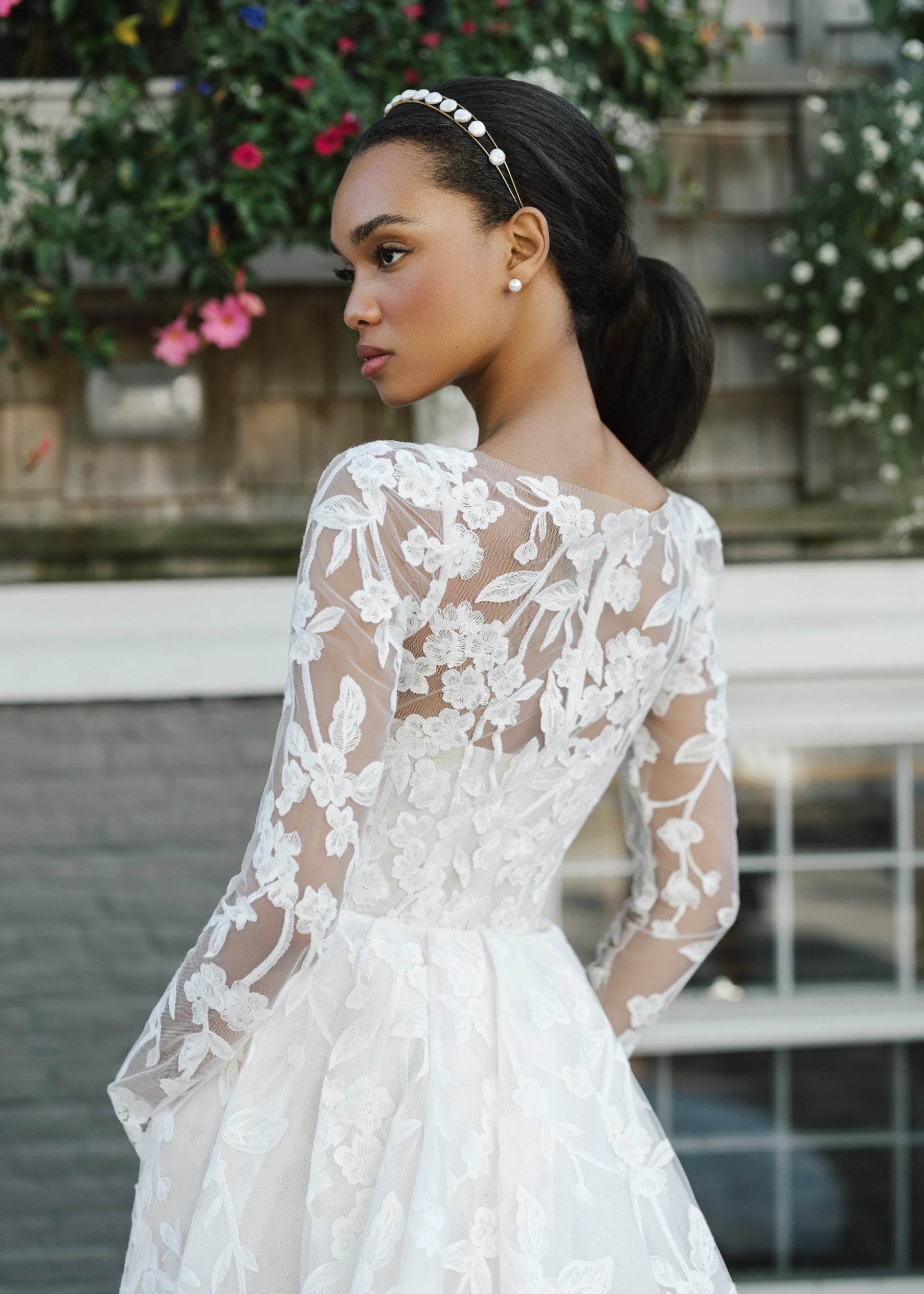 The Millie Train is a striking box pleated detachable train with allover Floral Threadwork Embroidery in Silk White/Nude.