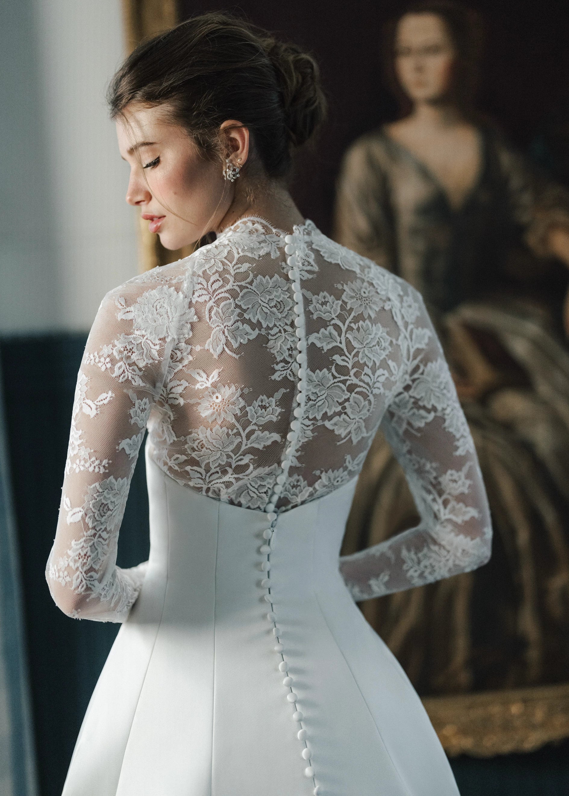 The Bowman Topper by Anne Barge is a Floral Chantilly lace topper featuring scalloped neckline and cuff in Silk White.