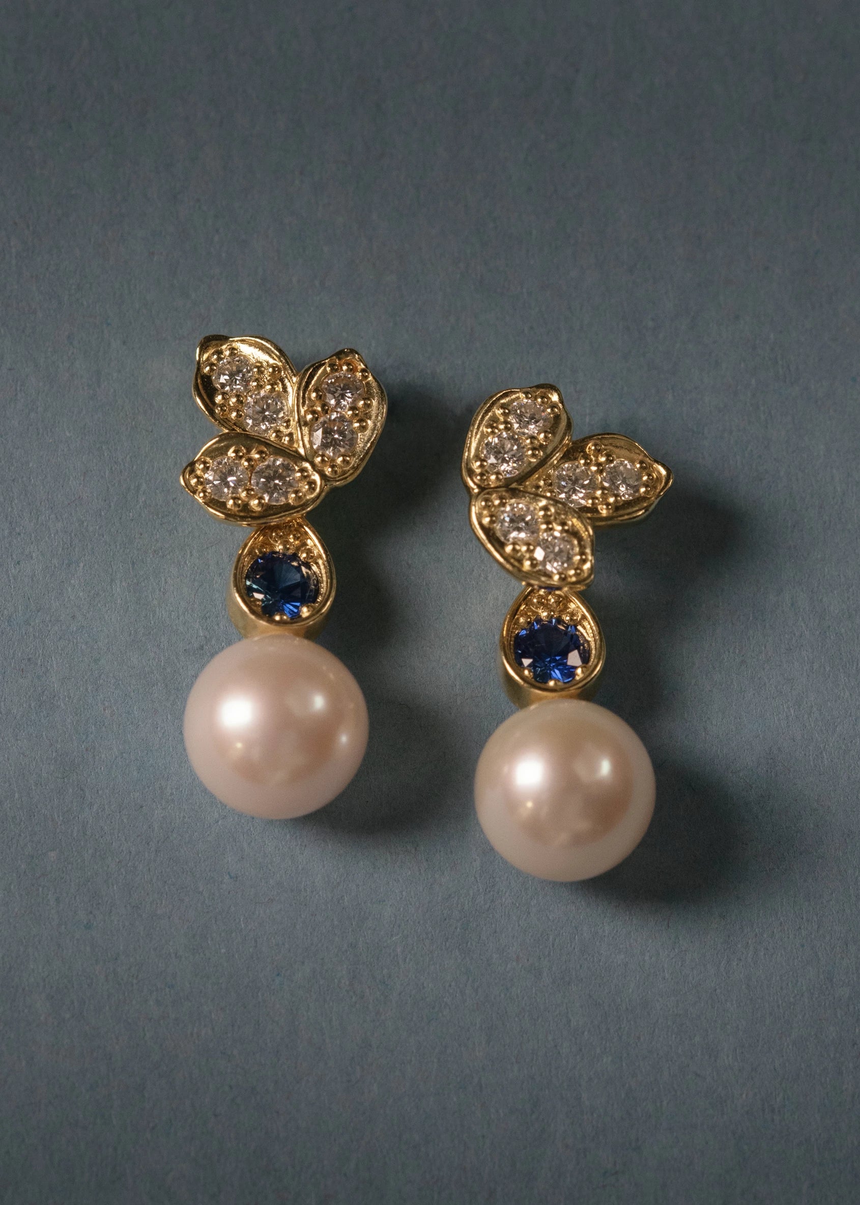 Butterfly Diamond, Sapphire and Pearl Drop Earrings
