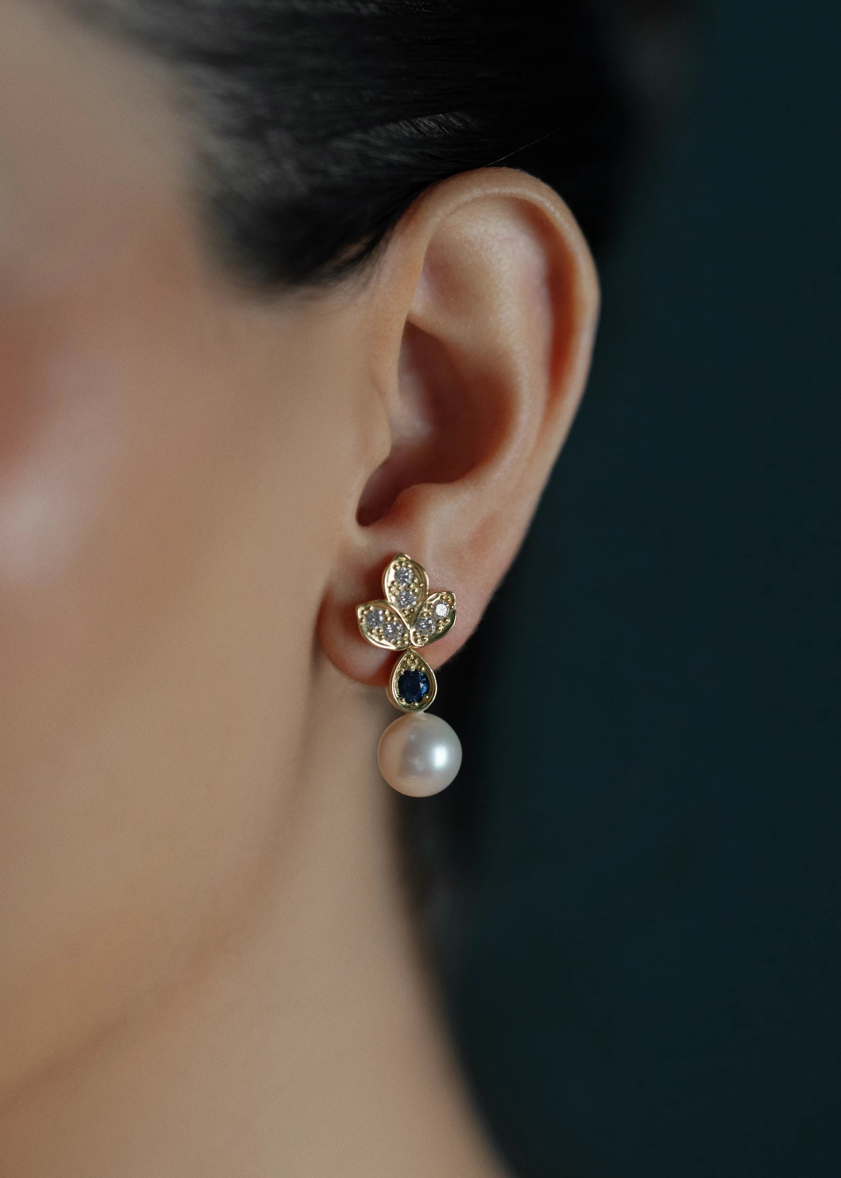 Butterfly Diamond, Sapphire and Pearl Drop Earrings