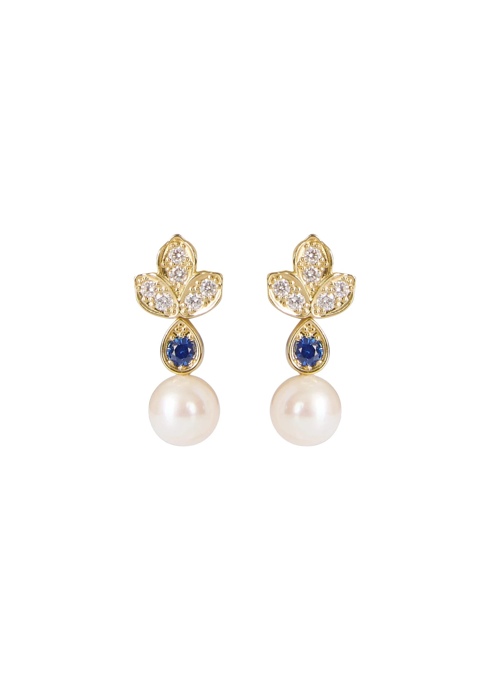 Designed by Atlanta jewelry designer Laura Pearce, this pair of butterfly drop earrings features pave Diamonds, with a Sapphire and drop Pearl.