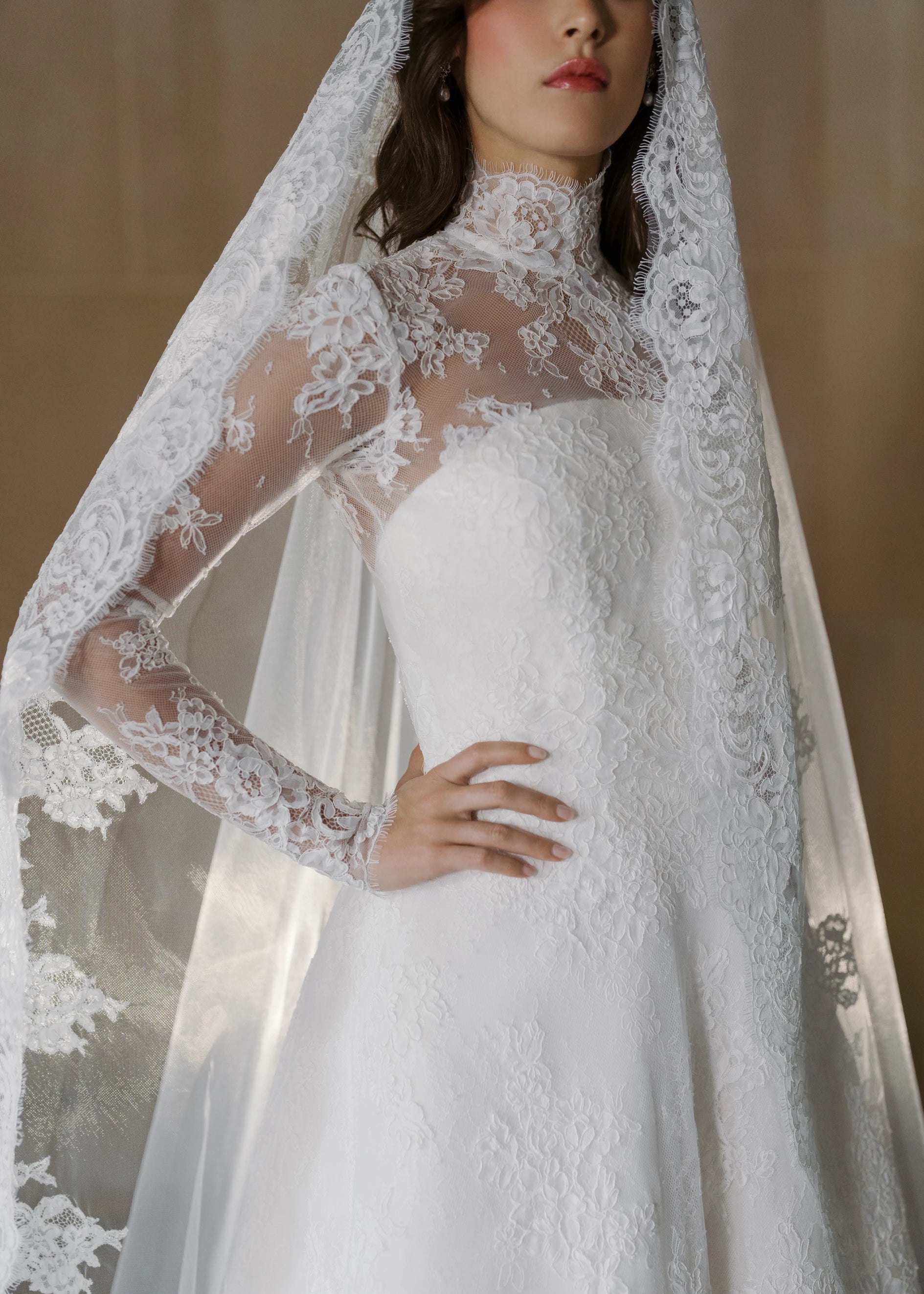 The Blue Willow Collier Mockneck Topper is a long sleeve mockneck top of Corded Lace in Silk White.