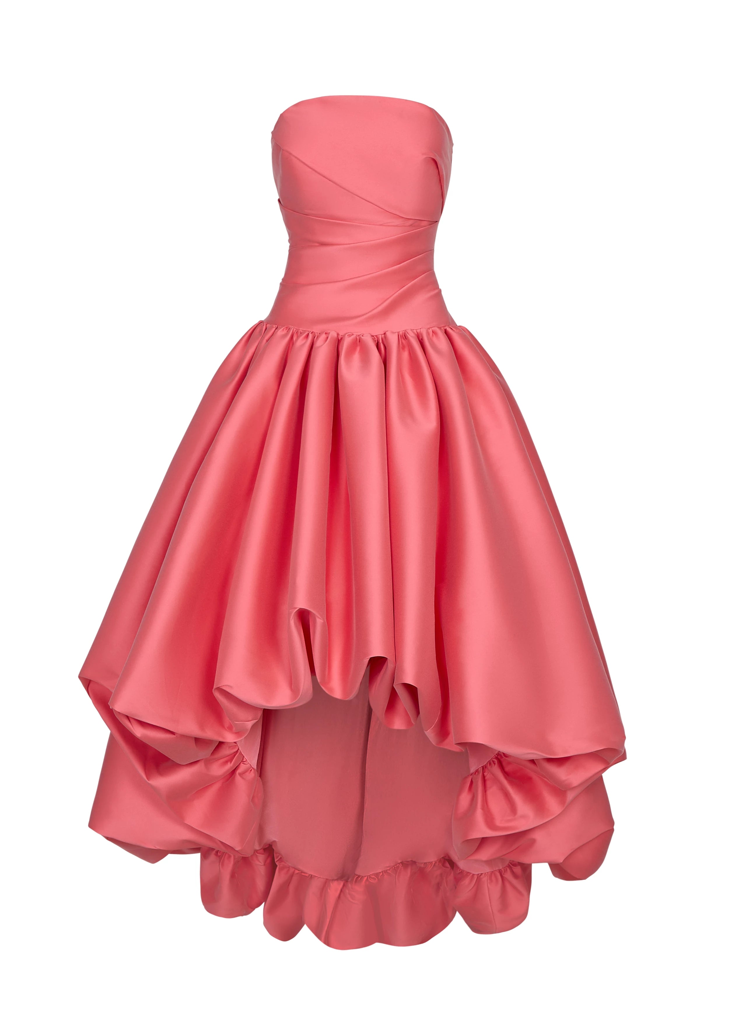 Anne Barge evening gown Consuelo, an arched strapless drop waist bodice with asymmetrical draping and high-low bubble hem gathered skirt.