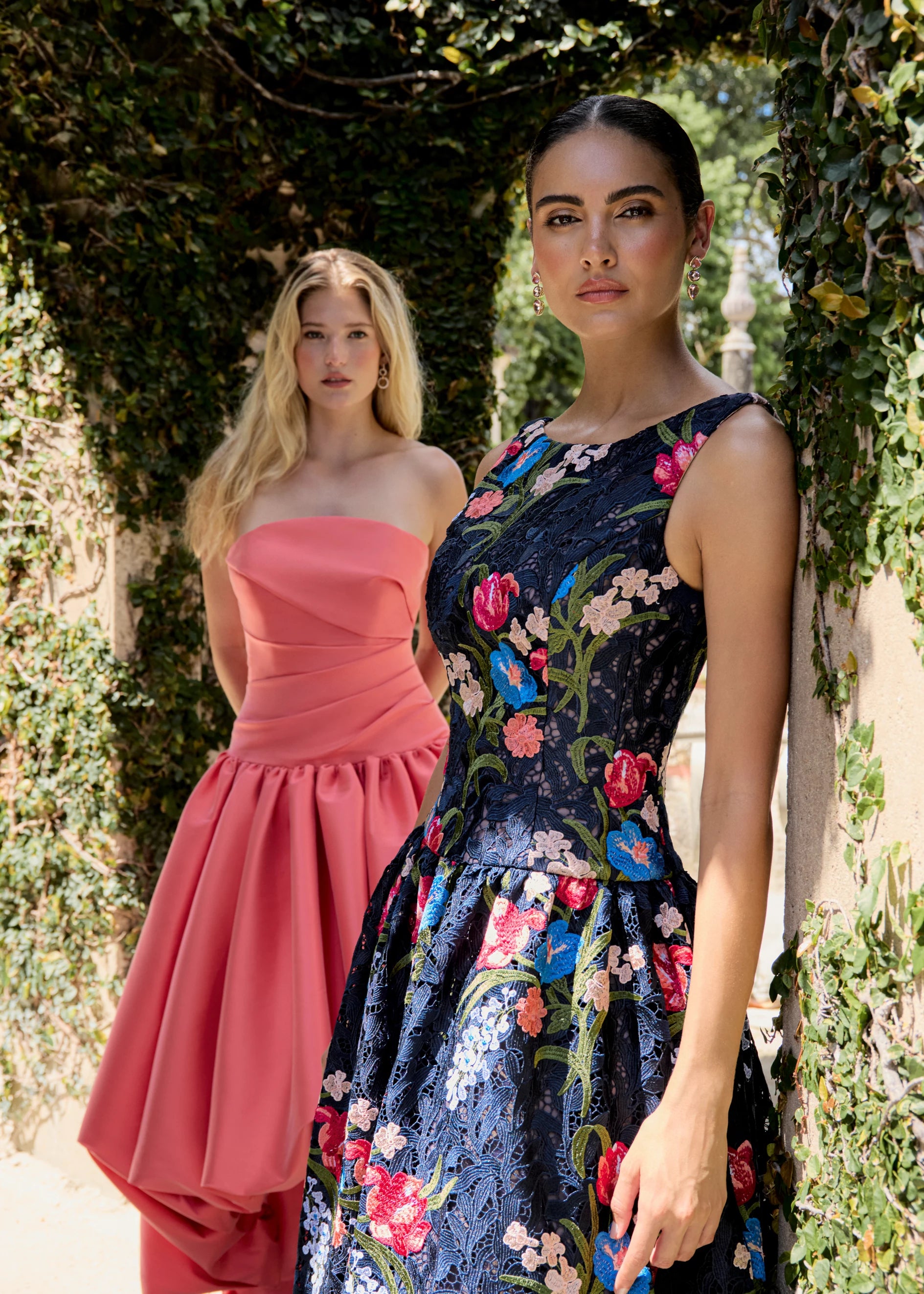 Anne Barge evening gown Gabriela, a bateau neck tea-length dress of Embroidered Guipure Lace with drop waist and full, softly gathered skirt.