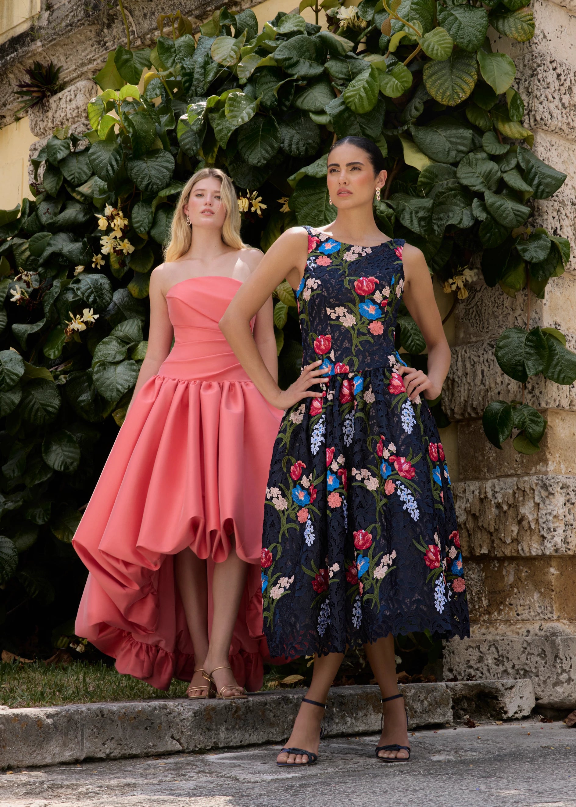 Anne Barge evening gown Gabriela, a bateau neck tea-length dress of Embroidered Guipure Lace with drop waist and full, softly gathered skirt.