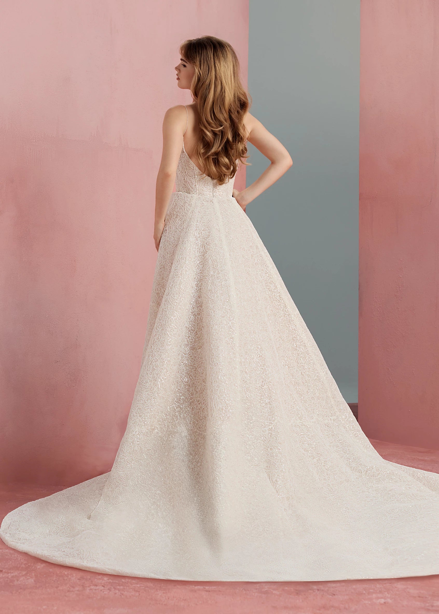 The Delia gown by Anne Barge is a spaghetti strap contour neckline gown with molded corset and softly flared skirt, in sequined corded embroidery over Chantilly lace in Silk White / Nude. Add on the Delia Detachable Train, a dramatic detachable train of sequined corded embroidery over Chantilly lace.