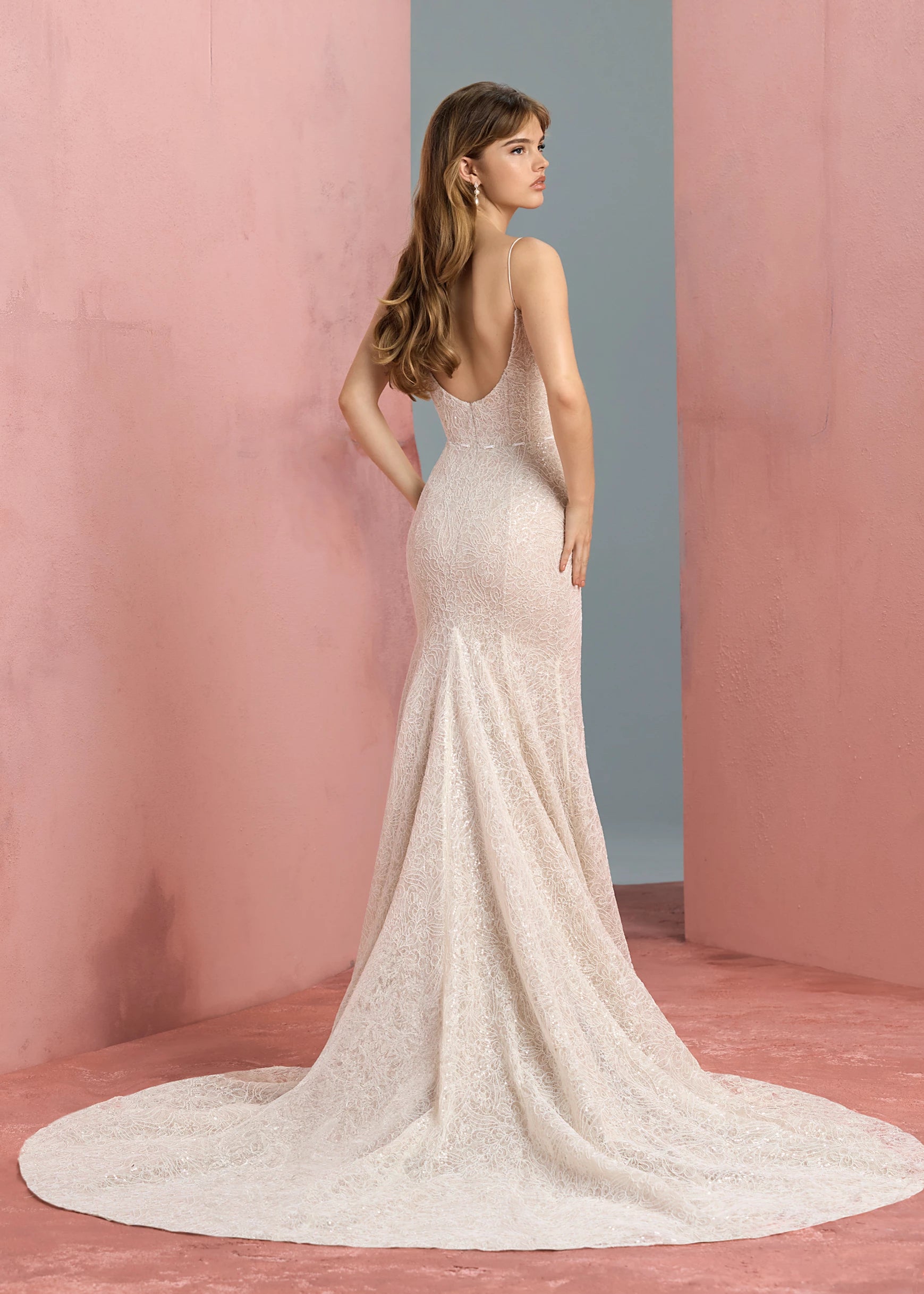 Back view of the Delia gown by Anne Barge is a spaghetti strap contour neckline gown with molded corset and softly flared skirt, in sequined corded embroidery over Chantilly lace in Silk White / Nude.