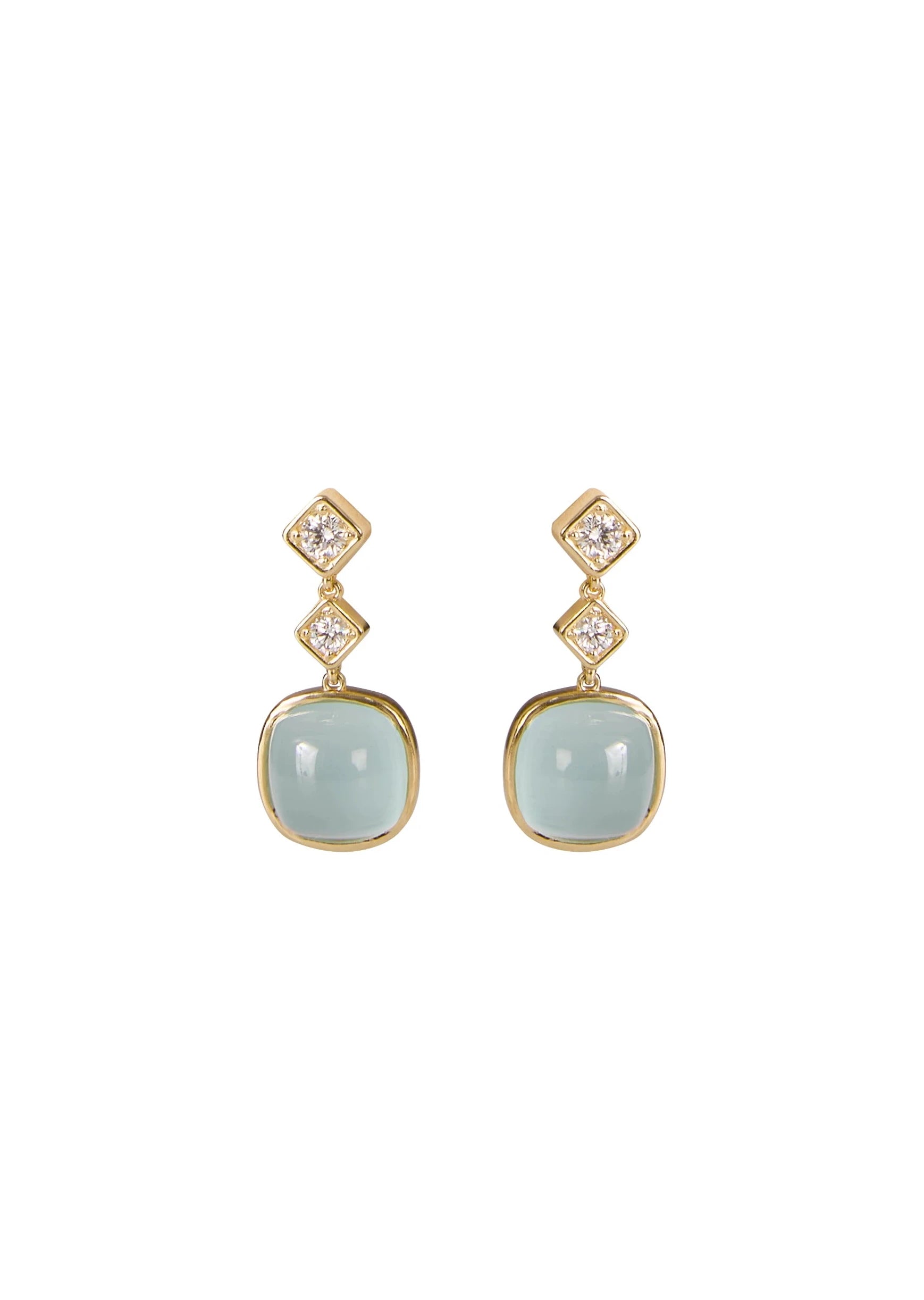 Designed by Atlanta jewelry designer Laura Pearce, this pair of diamond and aquamarine stone drop earrings features a 0.20 CTTW brilliant diamond in Gold.