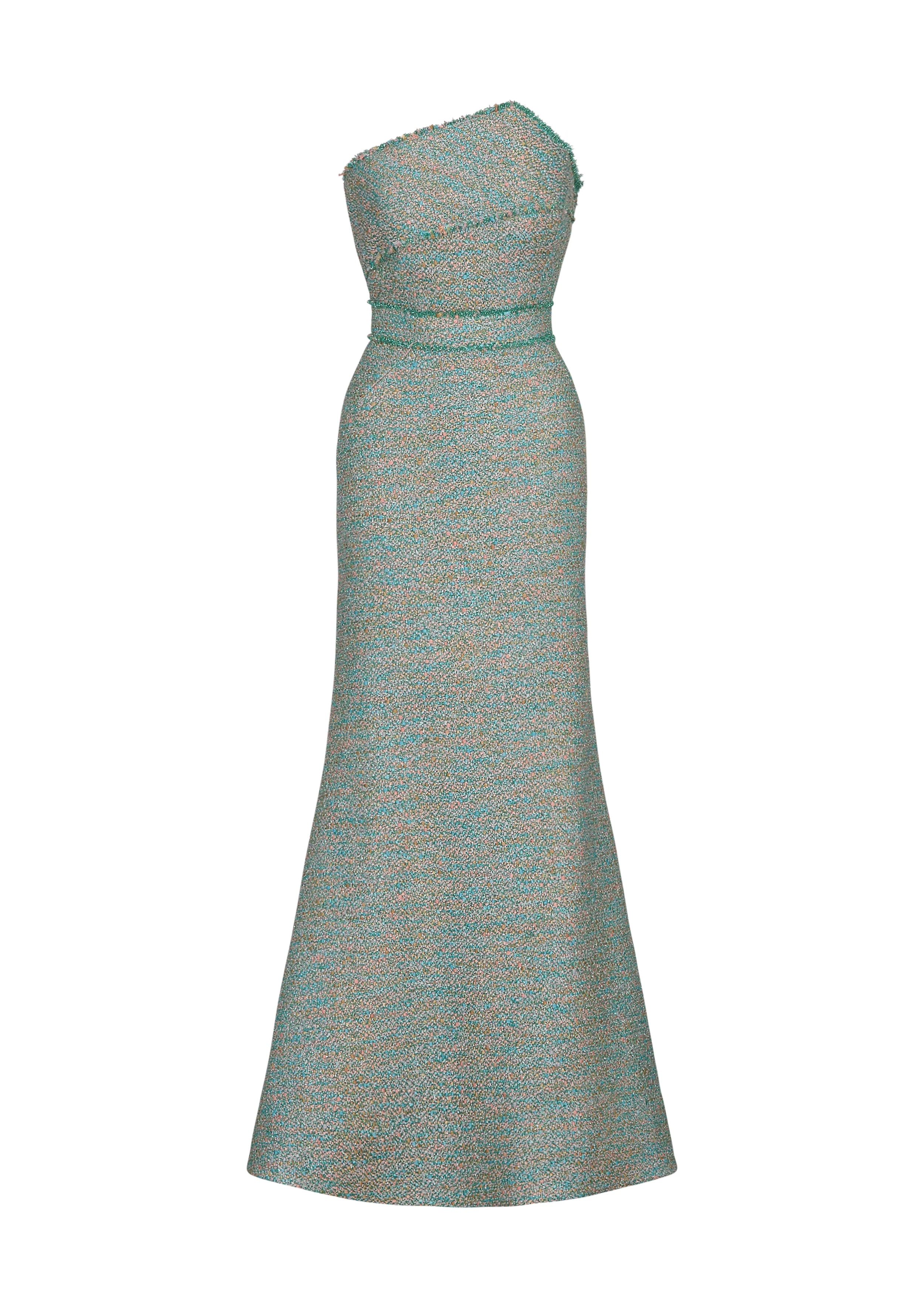 Anne Barge evening gown Emilia, a fit and flare gown of Metallic Tweed featuring an asymmetric peaked neckline cuff and belt, both with fringe along the edges.