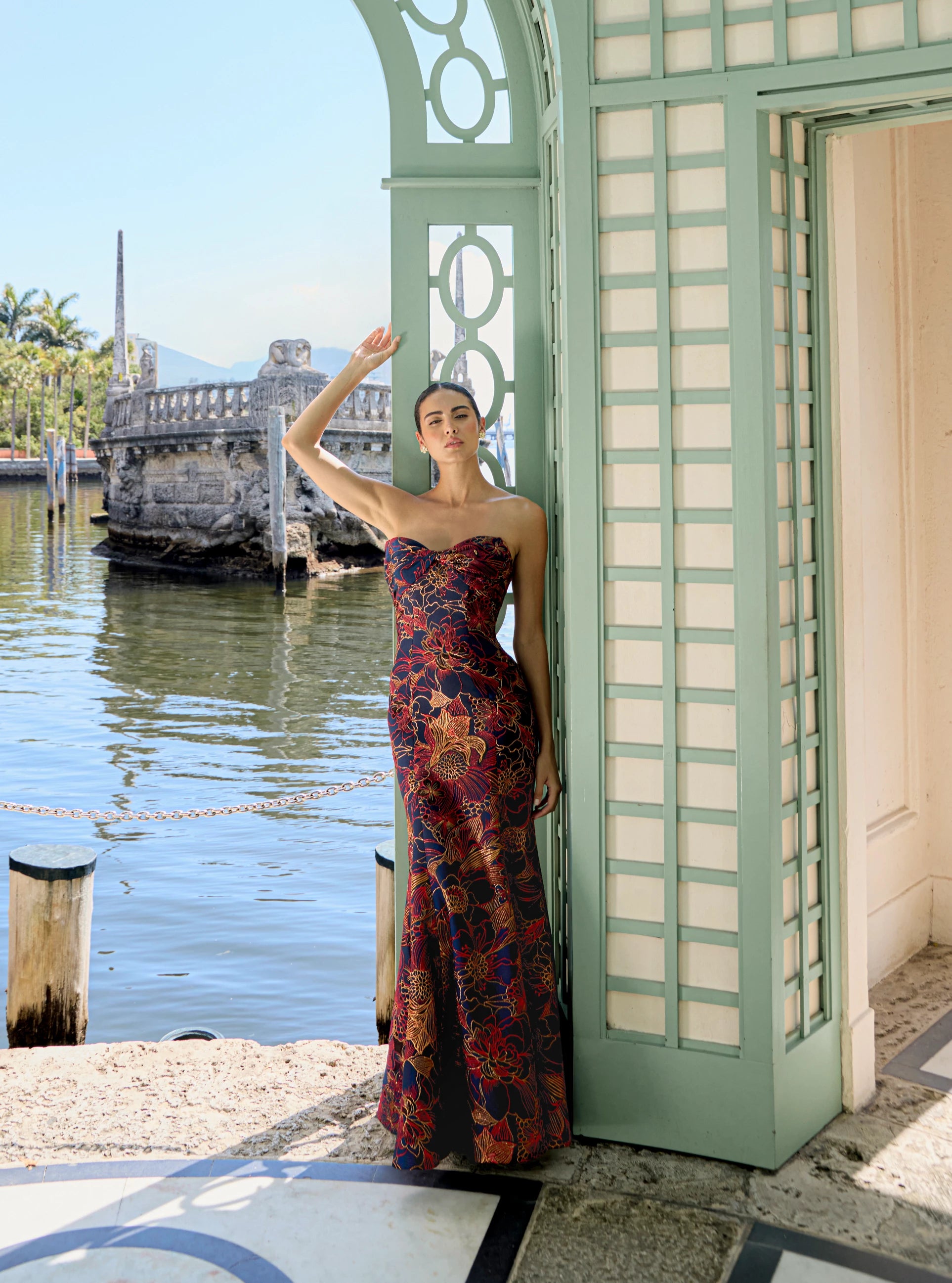 Anne Barge evening gown Esperanza, is a pointed sweetheart strapless fit and flare gown of Opulent Filigree Jacquard, accentuated by a twisted draped bodice.