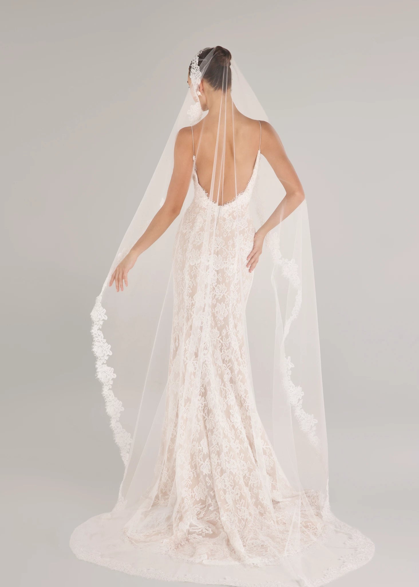The Blue Willow Gibbes Veil is a chapel mantilla veil with Beaded Floral Corded Lace edge in Silk White and 95" length.