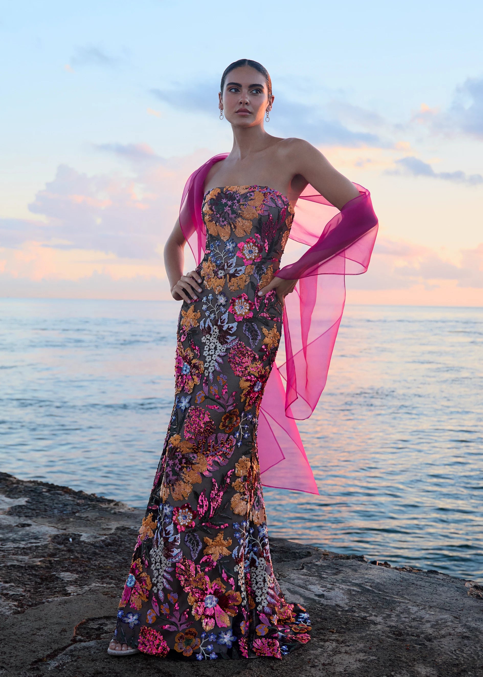 Anne Barge evening gown Isela, is a strapless column gown of Vibrant Garden Sequin Embroidery.