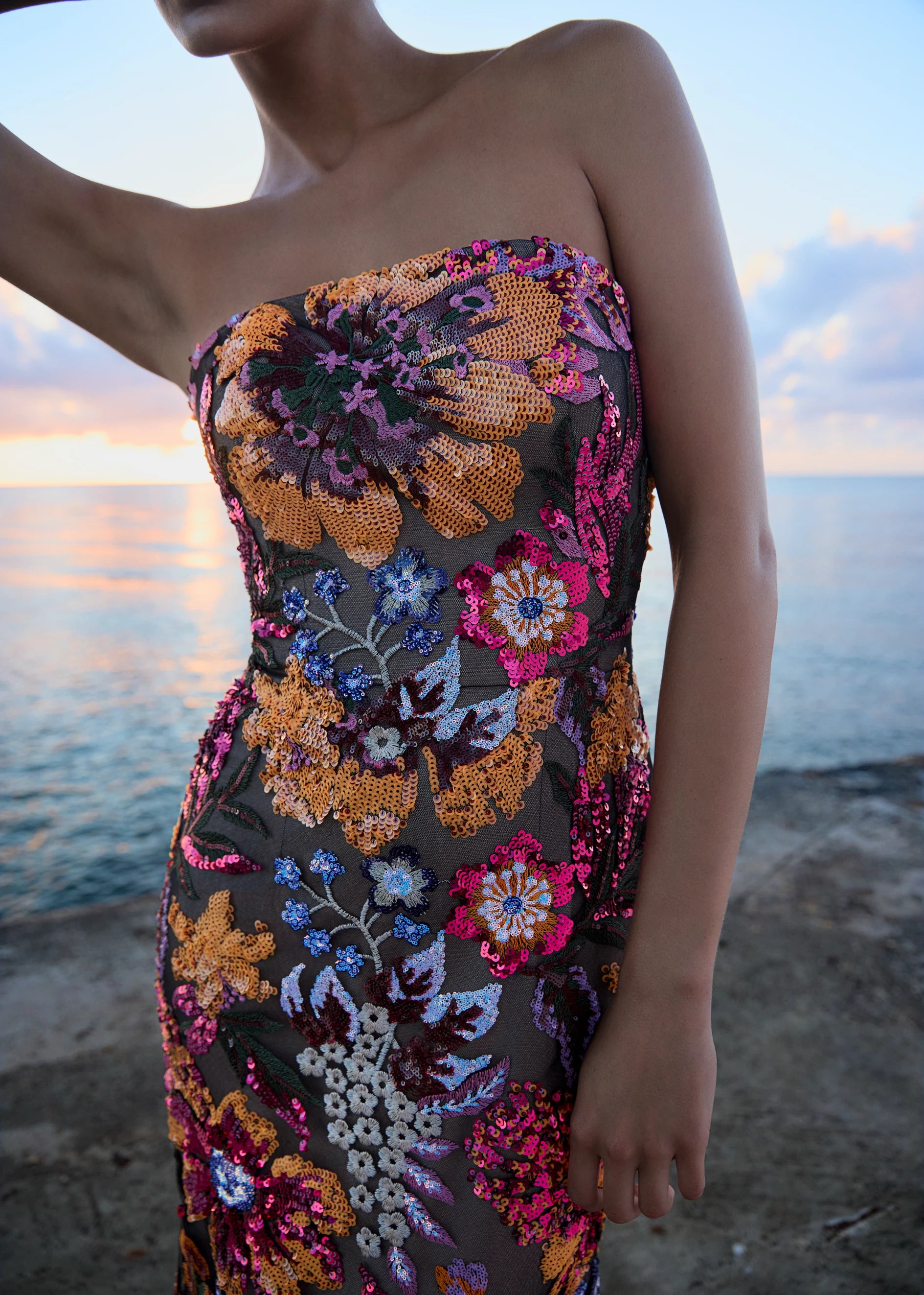 Anne Barge evening gown Isela, is a strapless column gown of Vibrant Garden Sequin Embroidery.