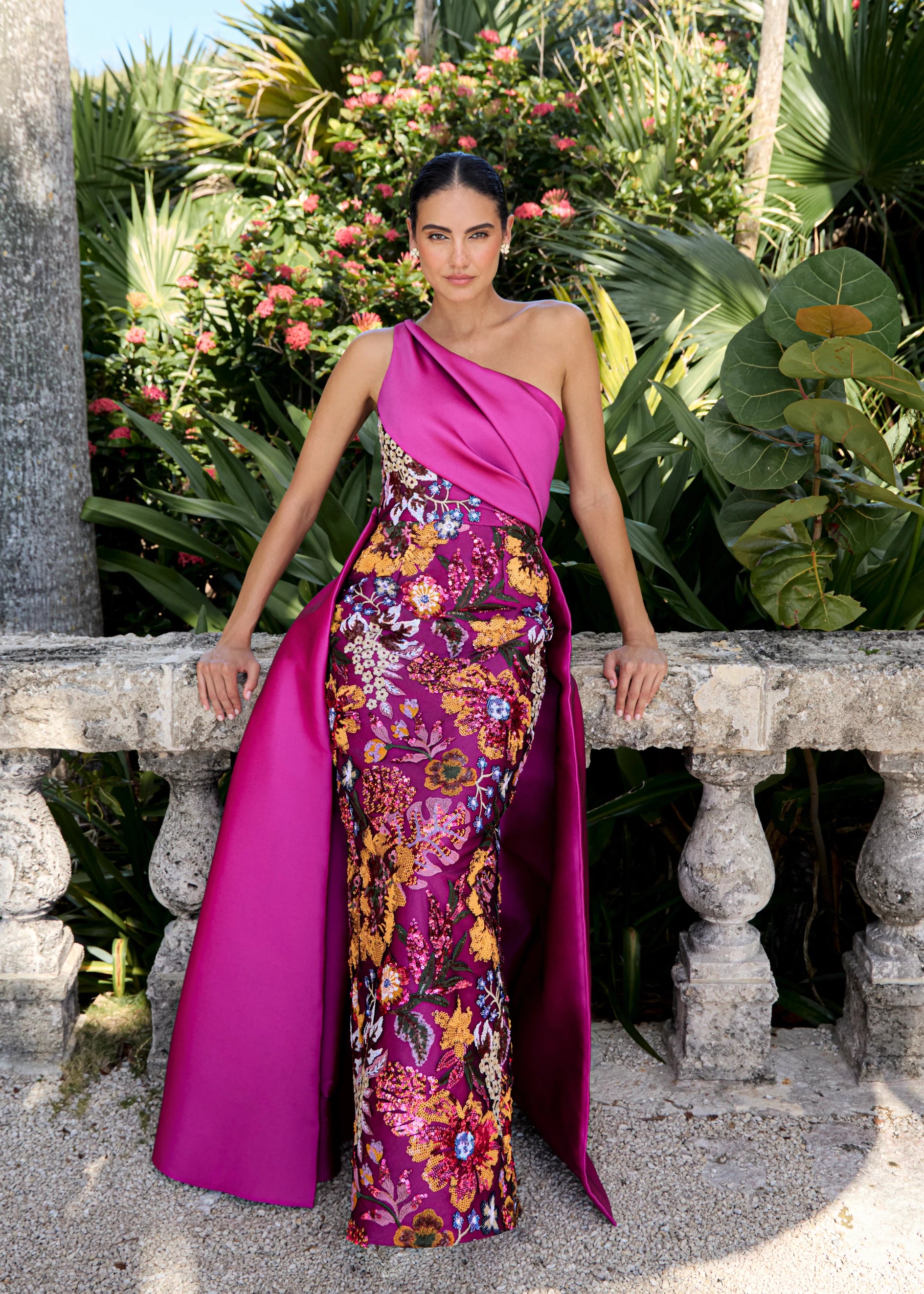 Anne Barge evening gown Josefina, is a gown of vibrant Garden Sequin Embroidery, featuring a draped one shoulder bodice in Stretch Twill.
