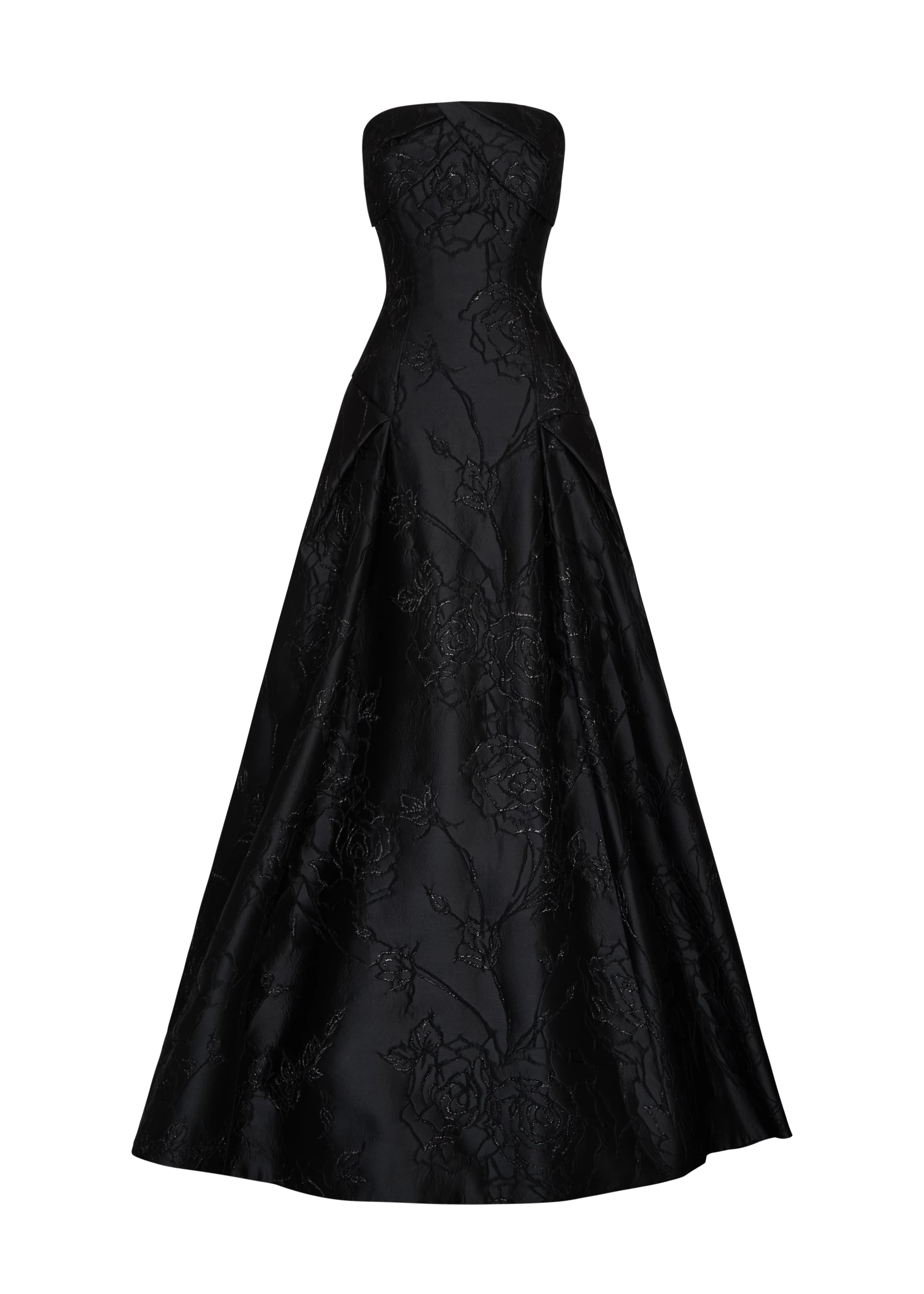 Anne Barge evening gown Letizia, is an arched strapless drop waist ballgown of Camellia Vine Jacquard with neckline draping and pleated skirt.