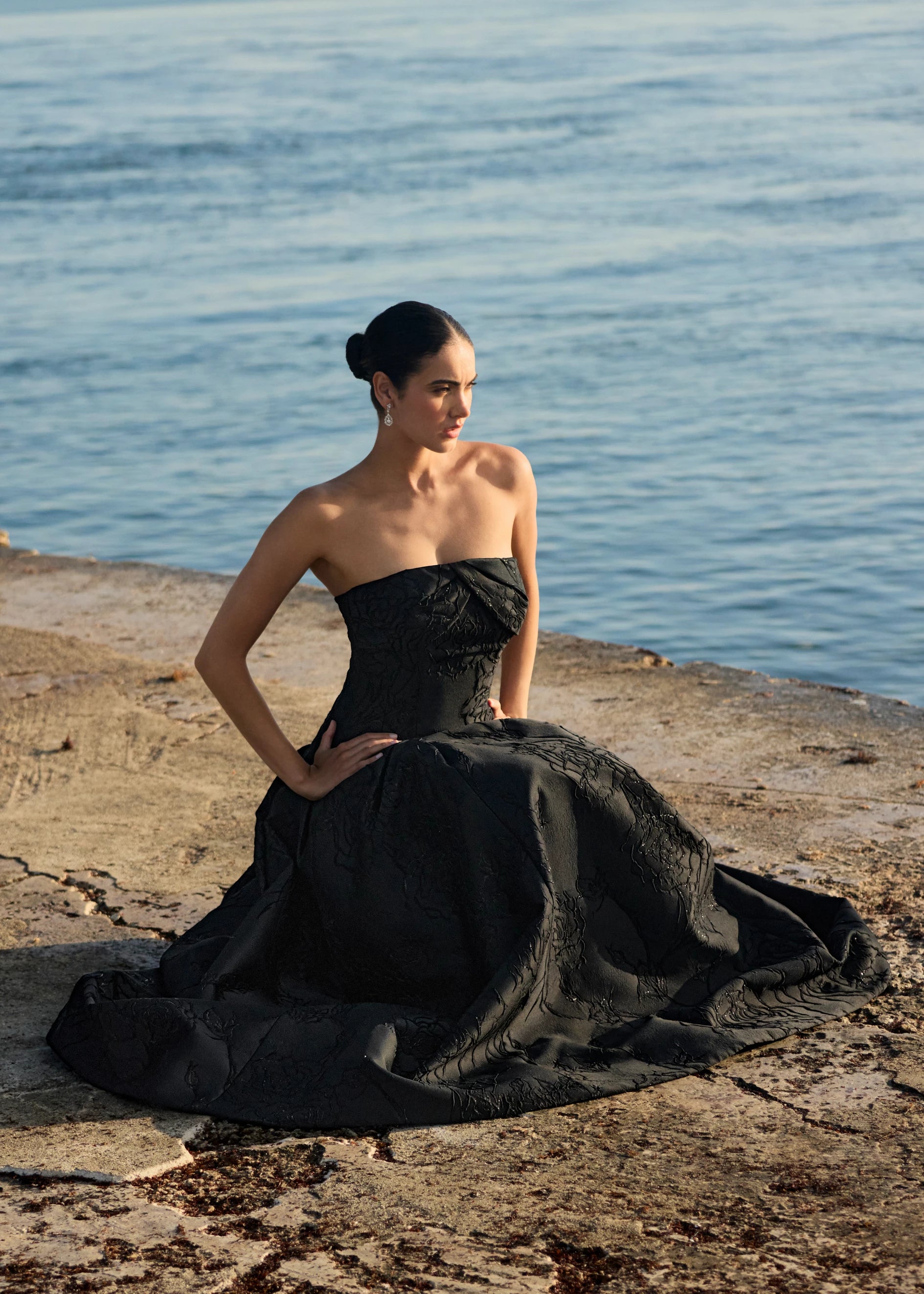 Anne Barge evening gown Letizia, is an arched strapless drop waist ballgown of Camellia Vine Jacquard with neckline draping and pleated skirt.