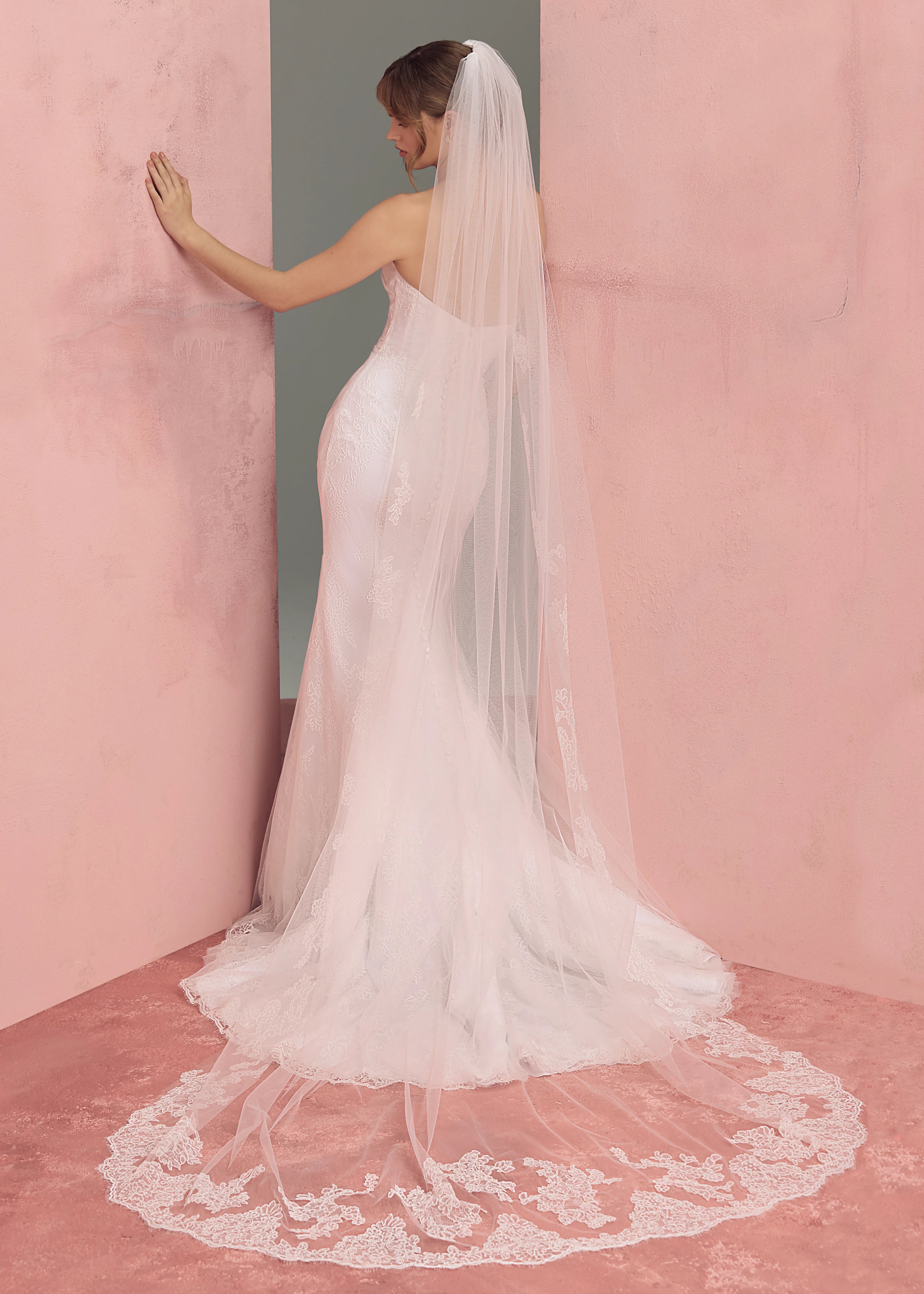 The Lucienne Veil is a catherdral length veil edged with Corded Lace.