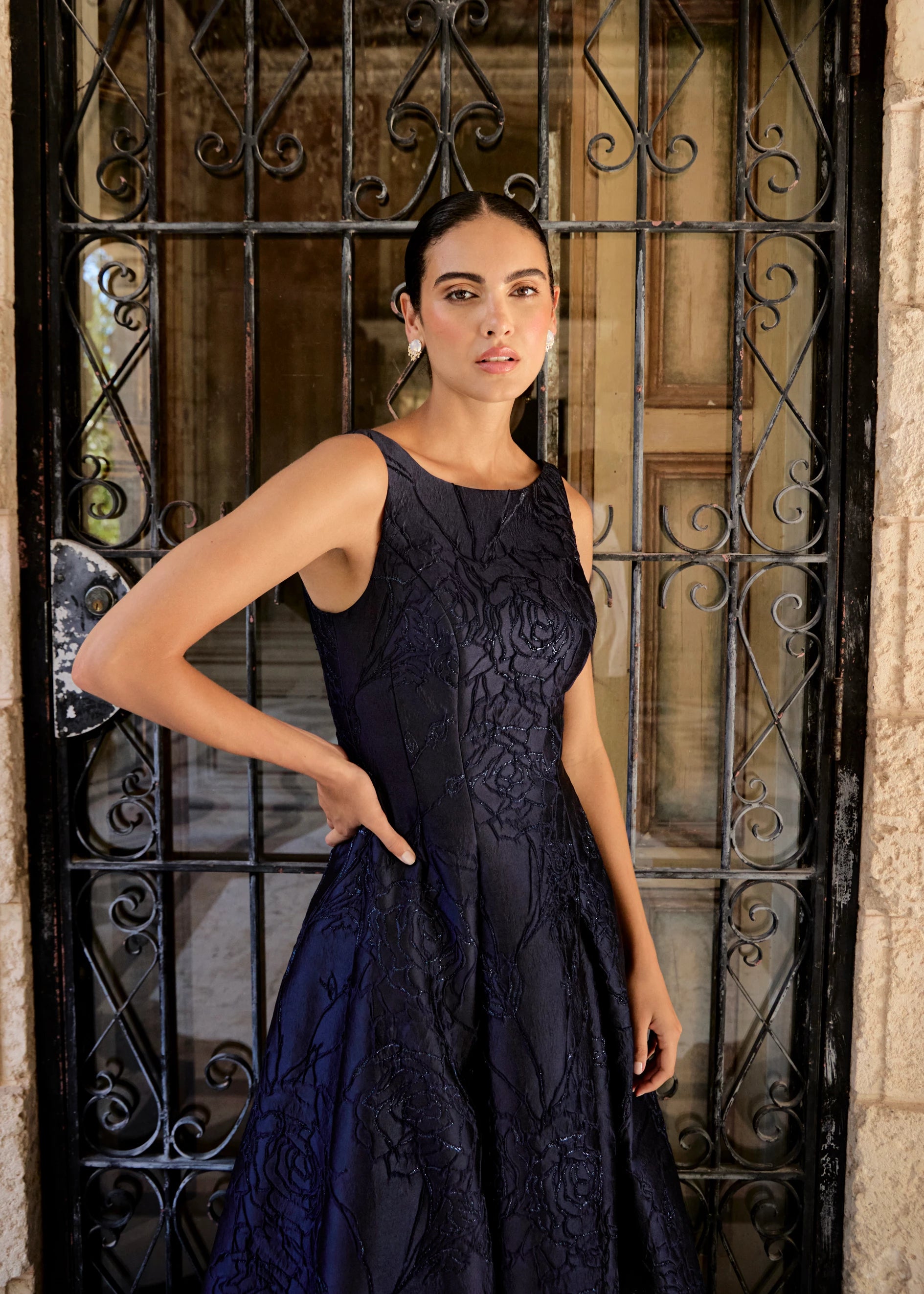 Anne Barge evening gown Marcel, a seam gown of Camellia Vine Jacquard with inverted box pleats and pockets.
