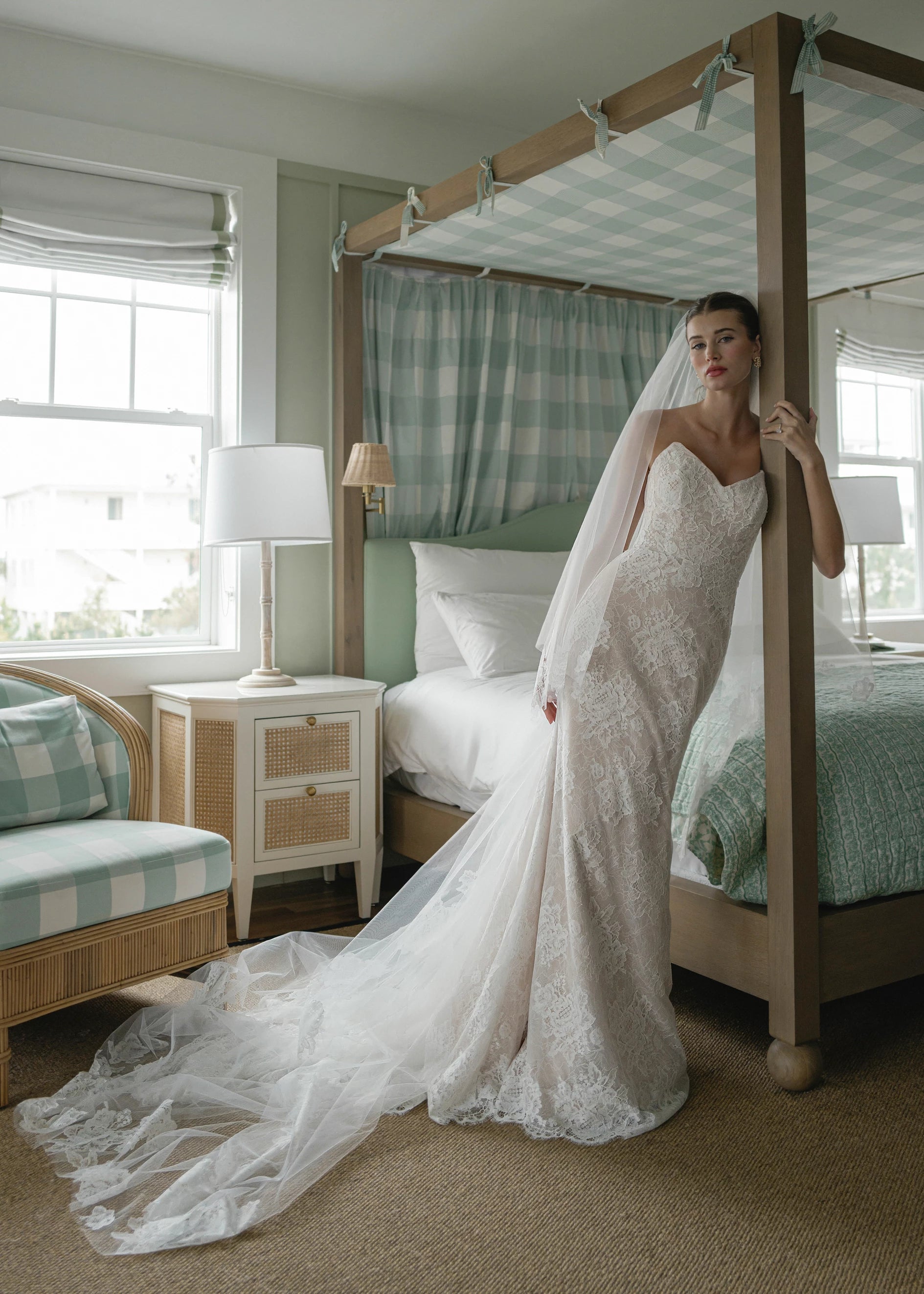 The Pawley gown is a pointed strapless straight gown of Blossom Corded Lace with Chantilly underlay.